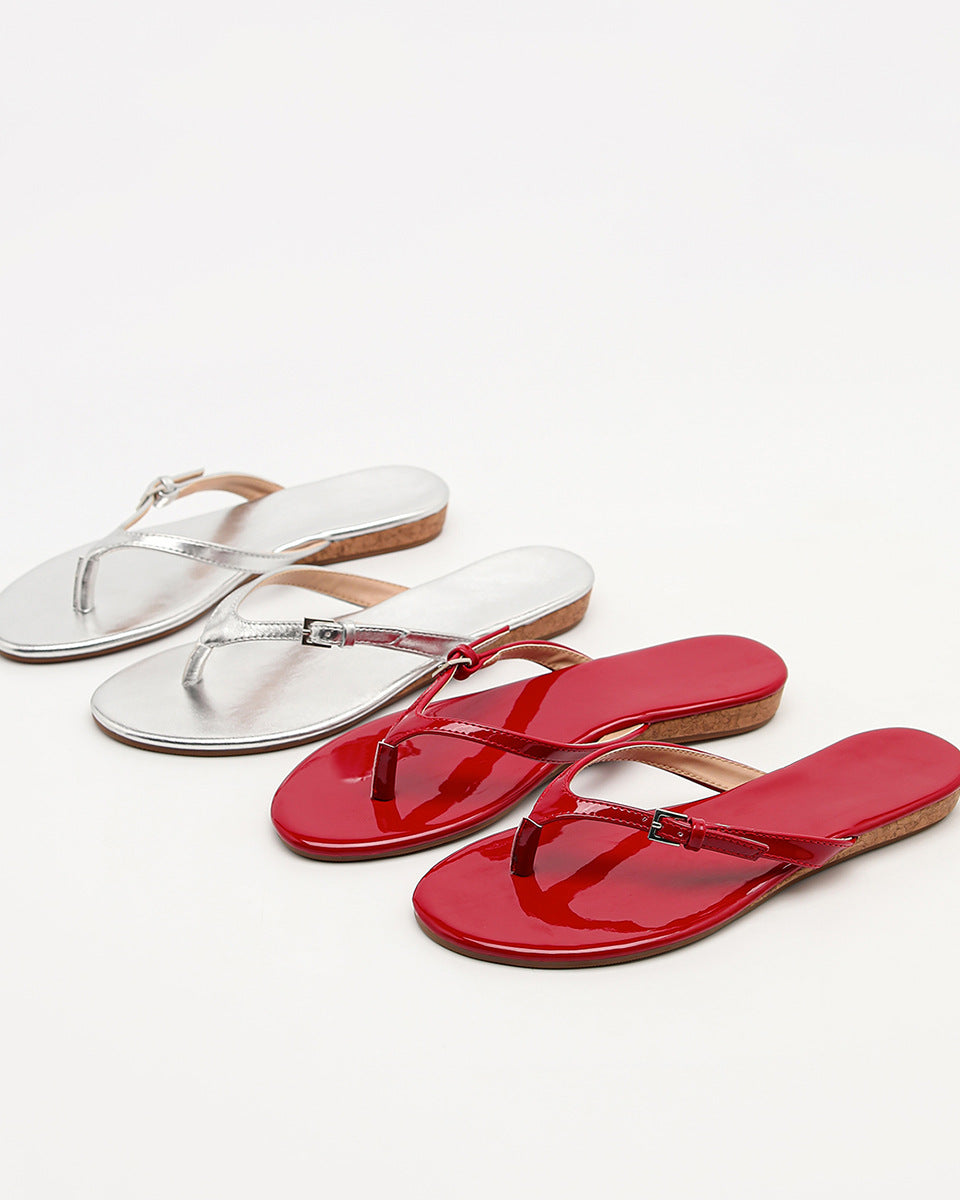 Mescini - Silver and red toe post slide sandals side by side on white, US women's sizes