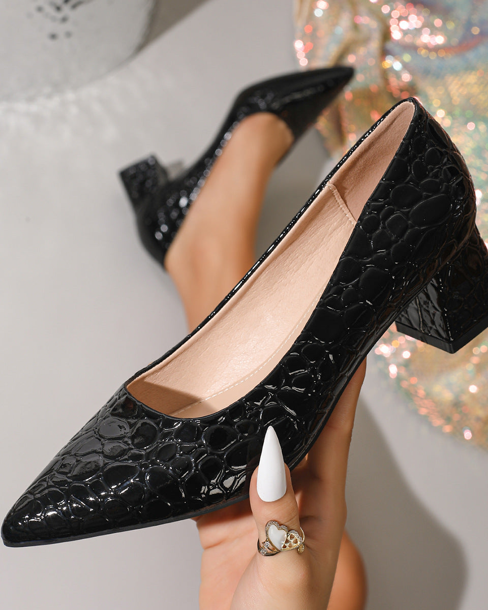Mescini – black croc embossed block heel pump with pointed toe detail, US women's sizes