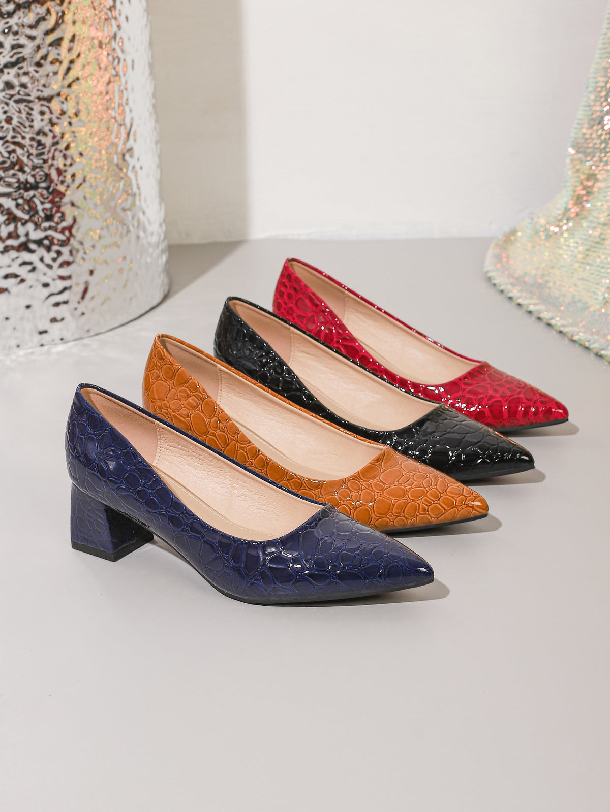 Mescini navy blue, brown, wine red and black croc embossed pumps, all four colors, US women's sizes