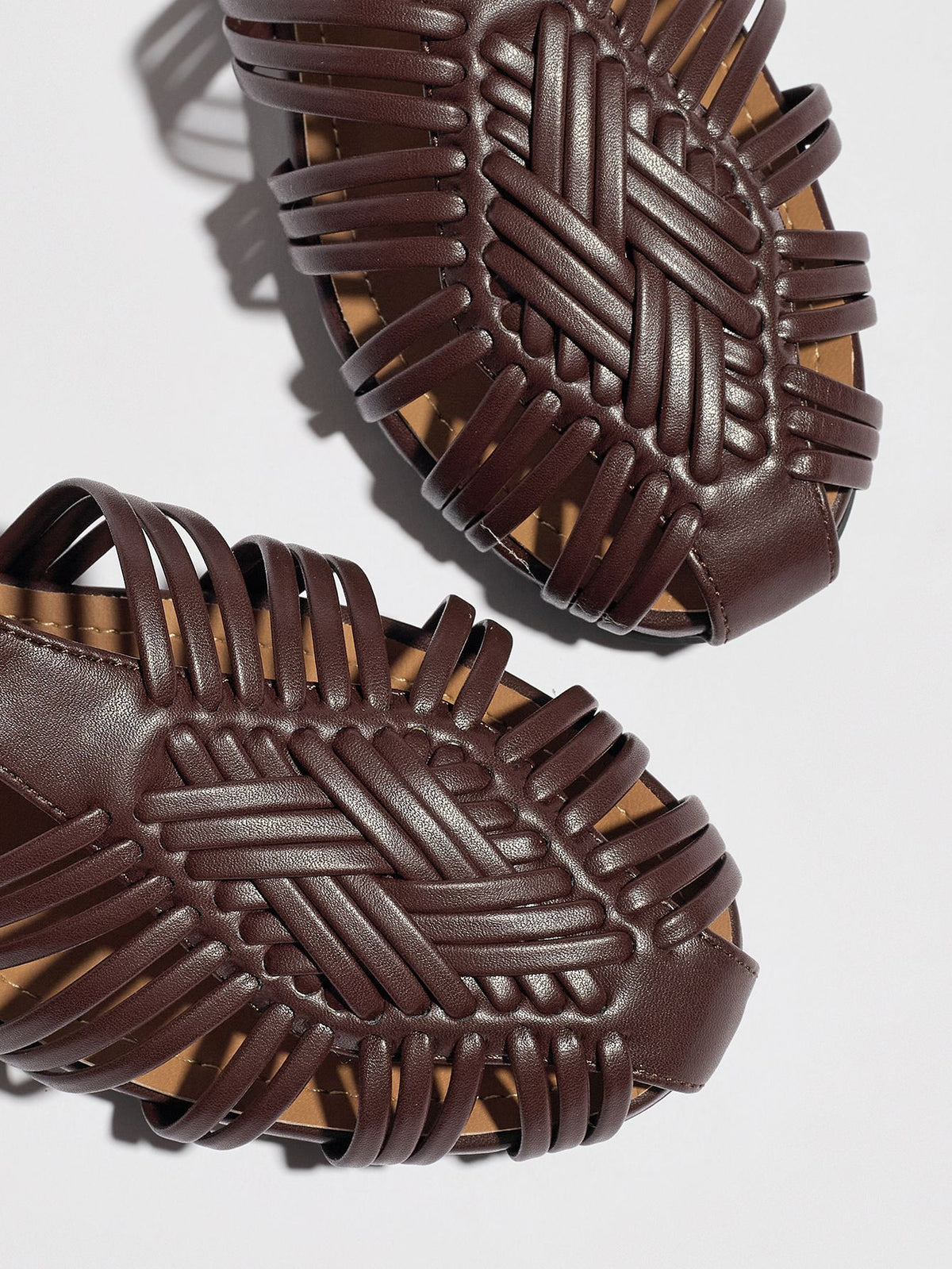 Mescini brown woven closed toe block heel sandals, close up of the plaited uppers from above, US women's sizes