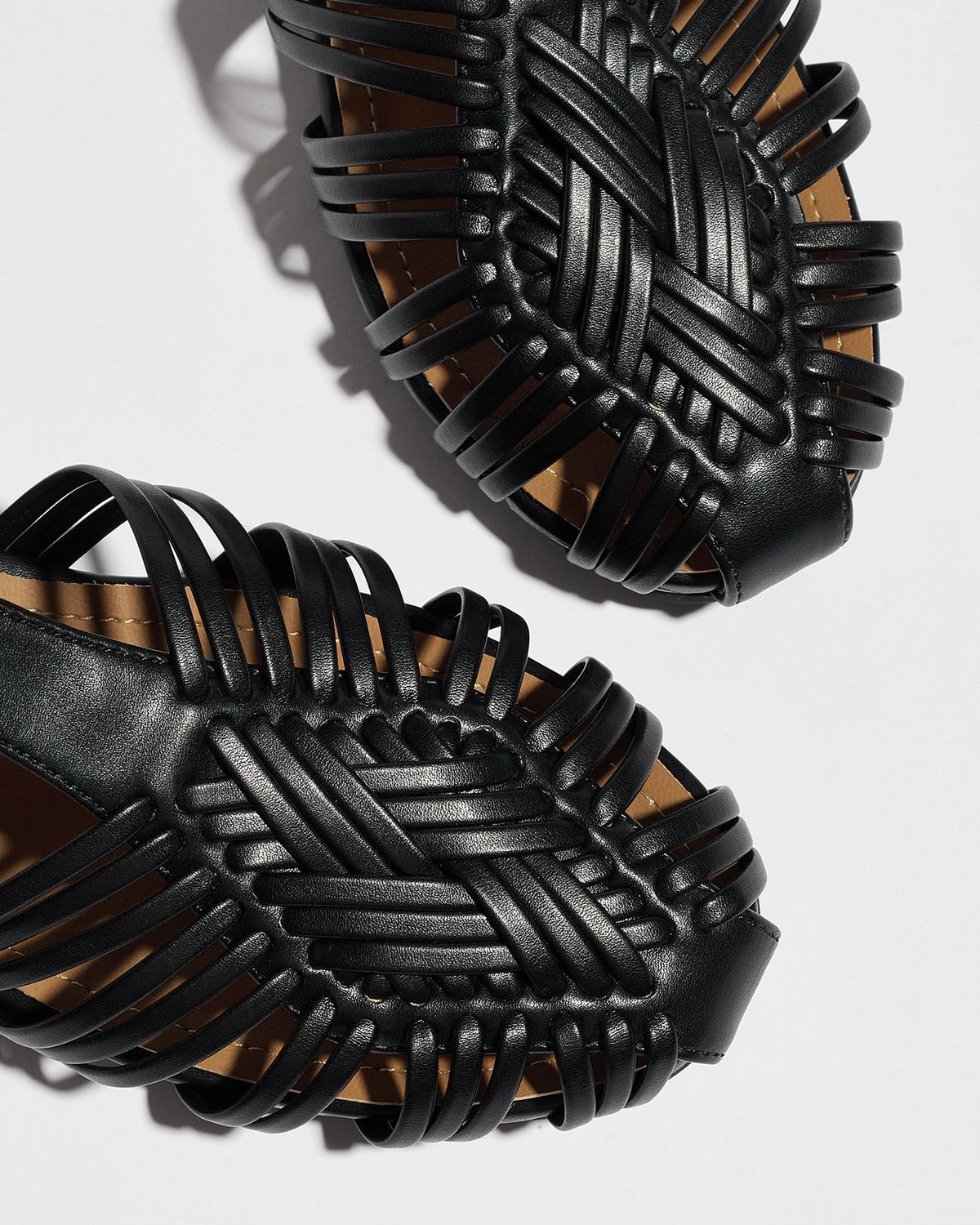 Mescini black woven closed toe block heel sandals, close up of the braided uppers from above, US women's sizes