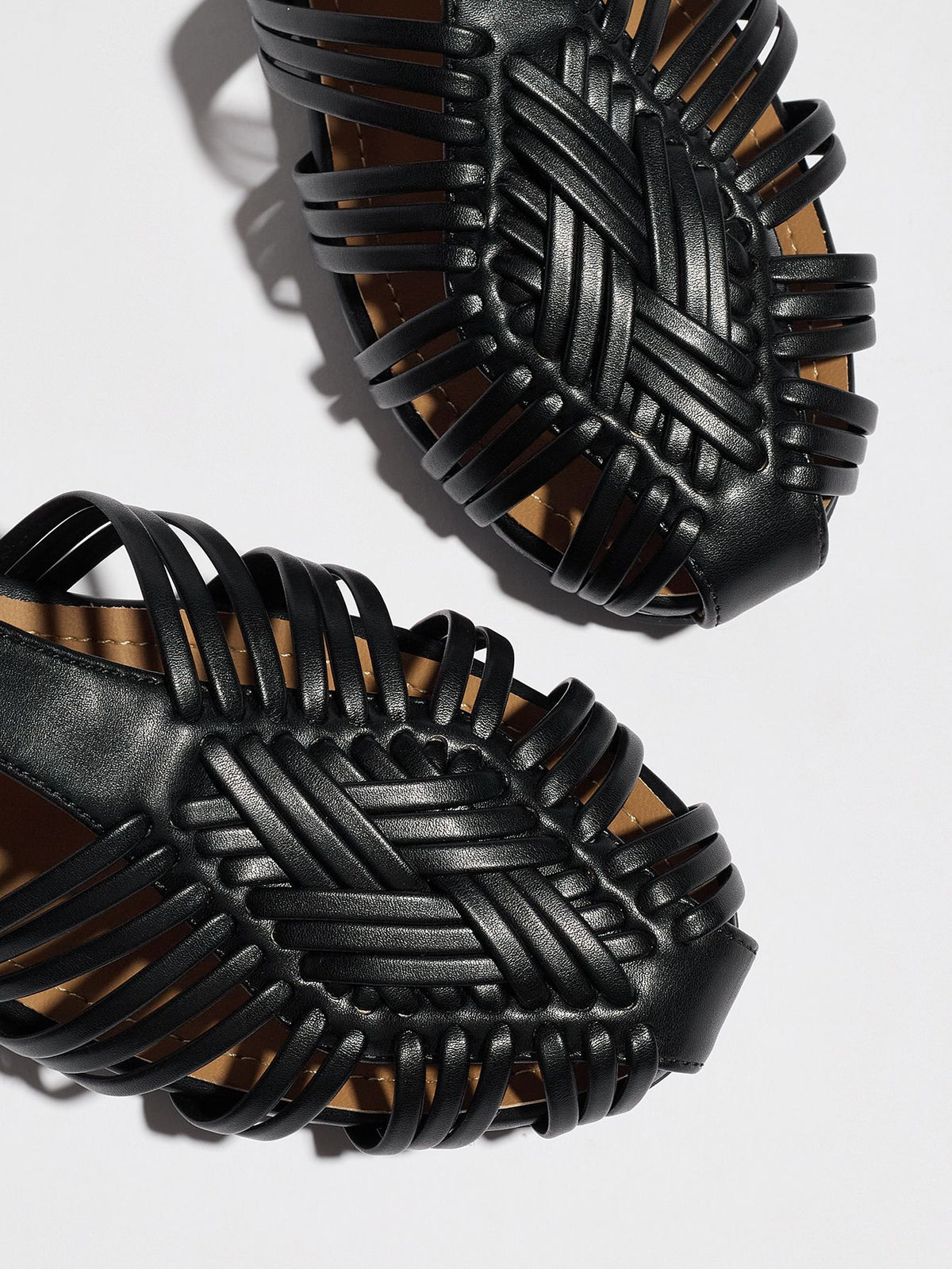 Mescini black woven closed toe block heel sandals, close up of the braided uppers from above, US women's sizes