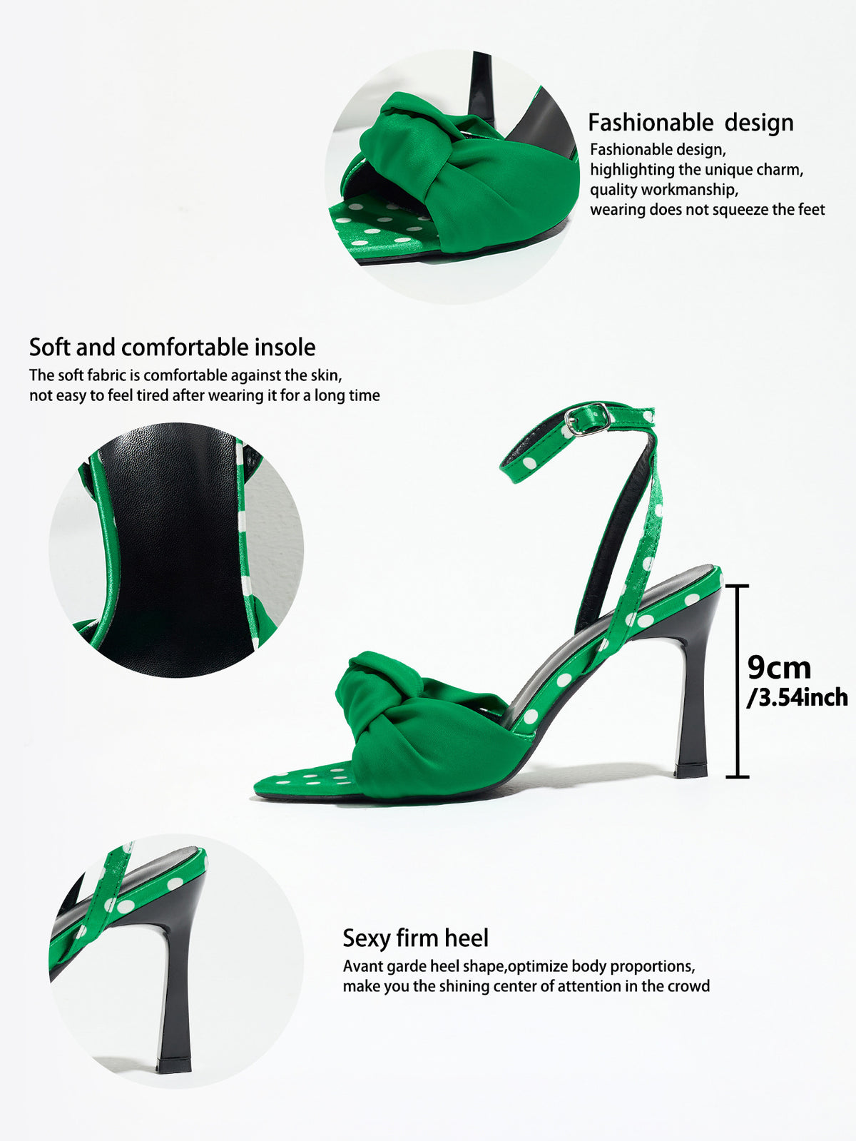 Mescini green knot front polka dot heeled sandals, graphic with design and size callouts, US women's sizes