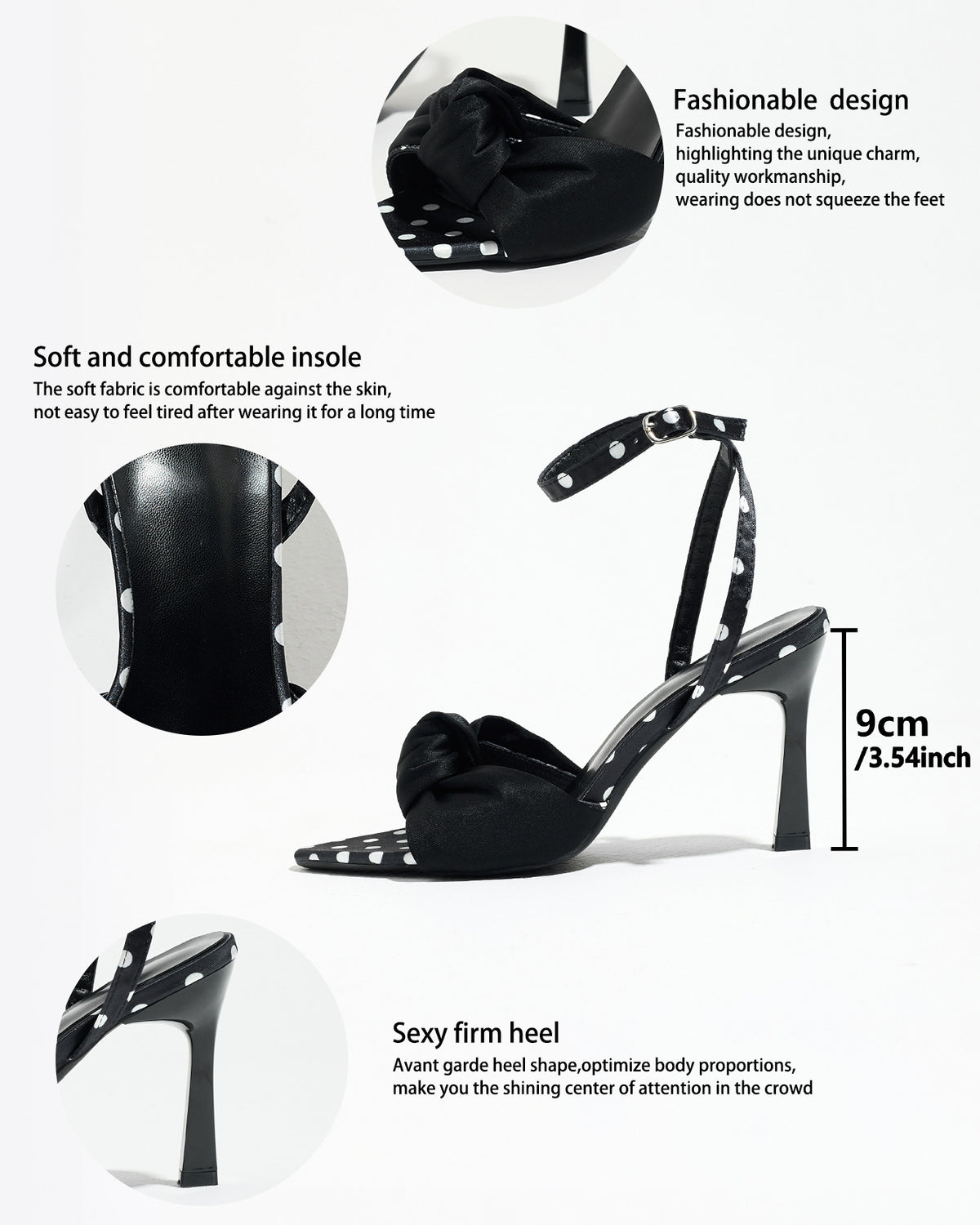 Mescini black knot front polka dot heeled sandals, product detail graphic with measurements, US women's sizes