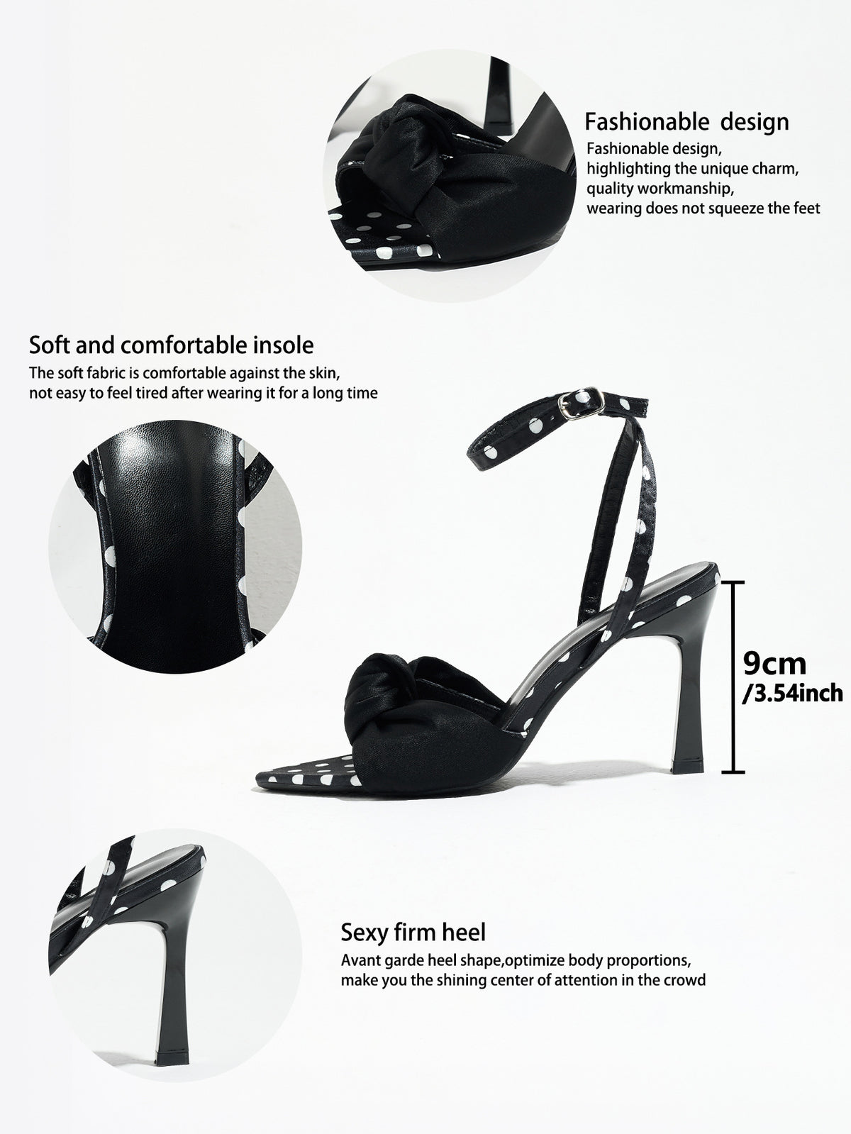 Mescini black knot front polka dot heeled sandals, product detail graphic with measurements, US women's sizes