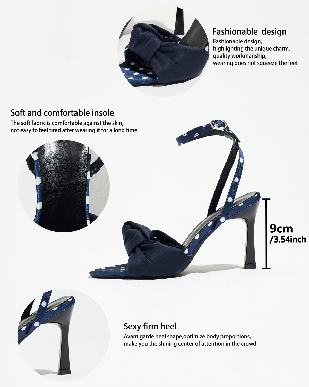 Mescini navy knot front polka dot heeled sandals, detail graphic listing the measurements, US women's sizes