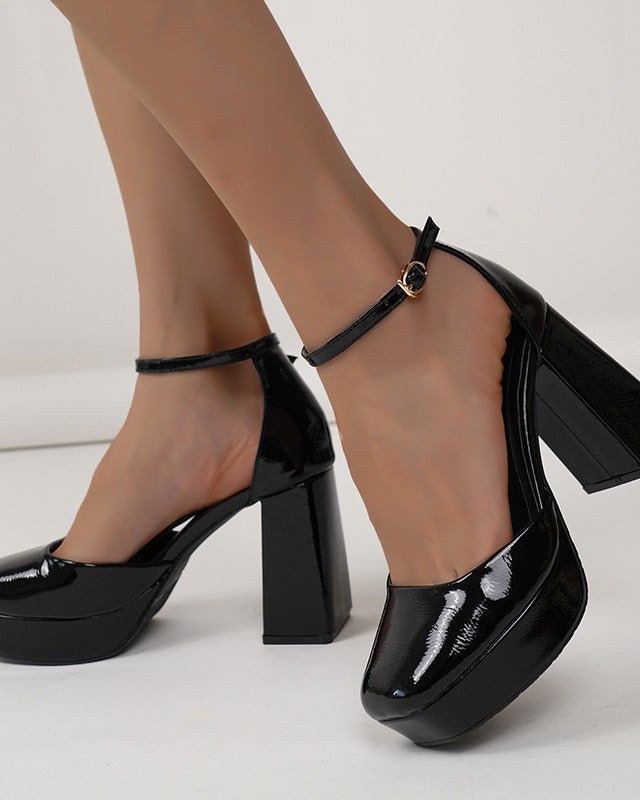 Mescini - black platform block heel shoes on model, repeat angled pair view of the set