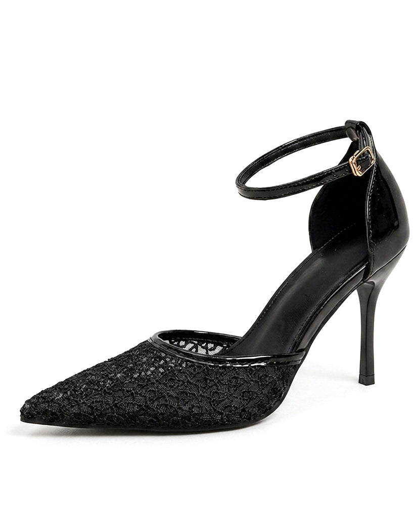 Mescini black lace mesh pump, three quarter studio view of the buckle, US women's sizes