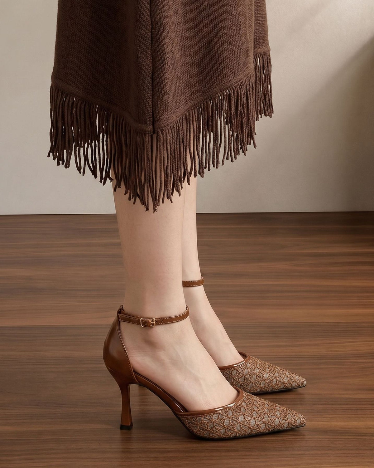 Mescini brown embroidered mesh ankle strap pumps, standing on a wood floor, US women's sizes