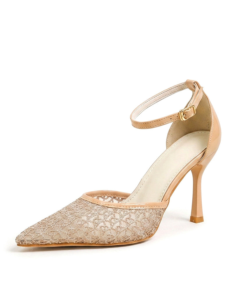 Mescini apricot floral mesh pump with gold buckle, three quarter view, US women's sizes
