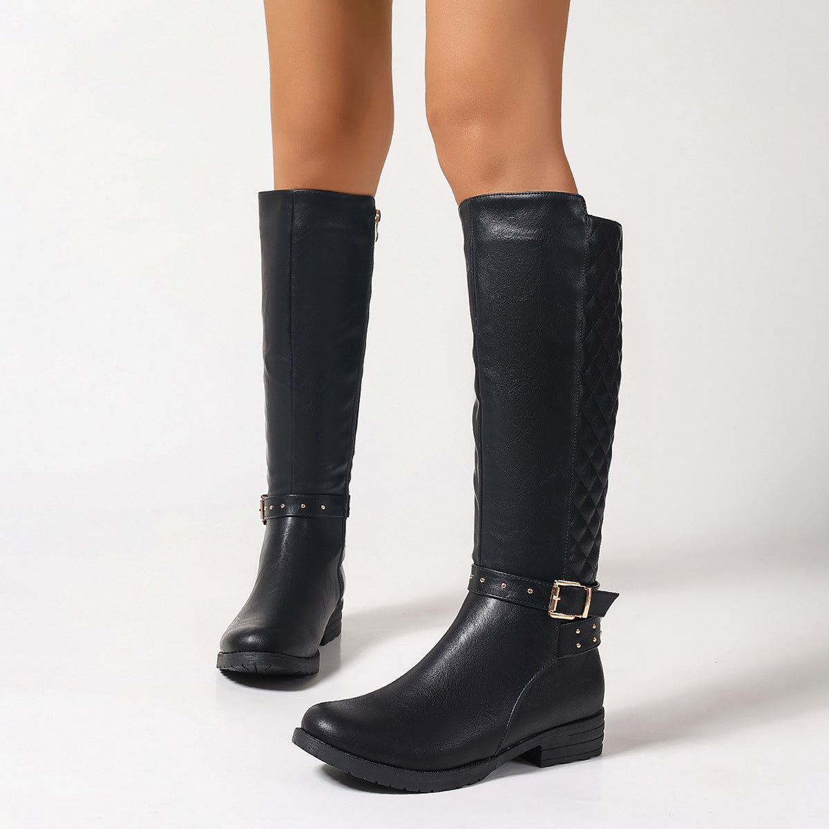 Mescini black quilted knee high boots standing front view on bare legs, US women's sizes