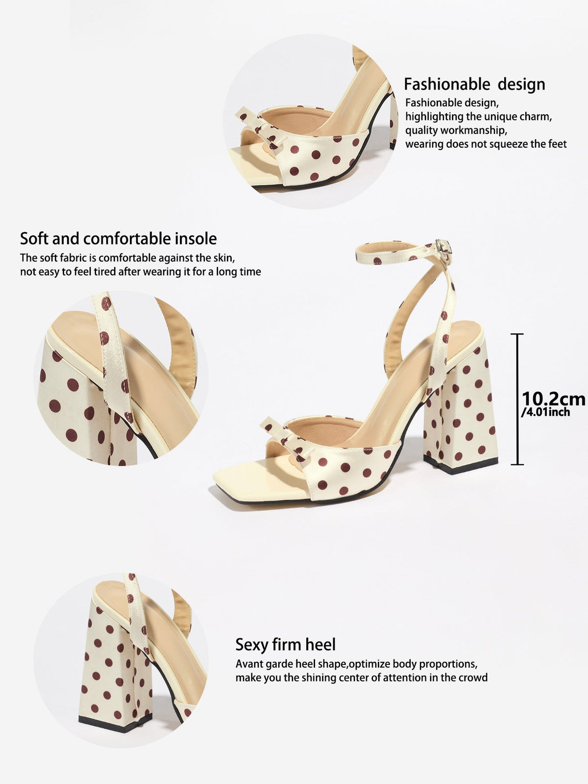 Mescini - Cream polka dot block heel sandal measured at 10.2 cm, spec sheet view, US