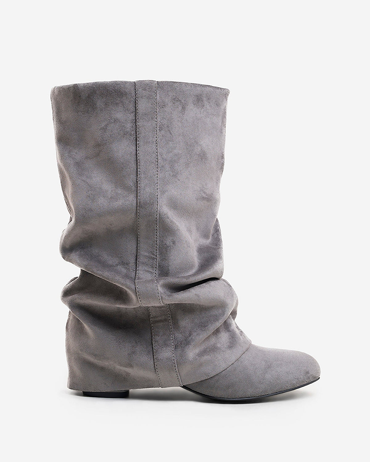 Mescini grey slouchy mid calf boots, full side view of the ruched shaft, US sizes