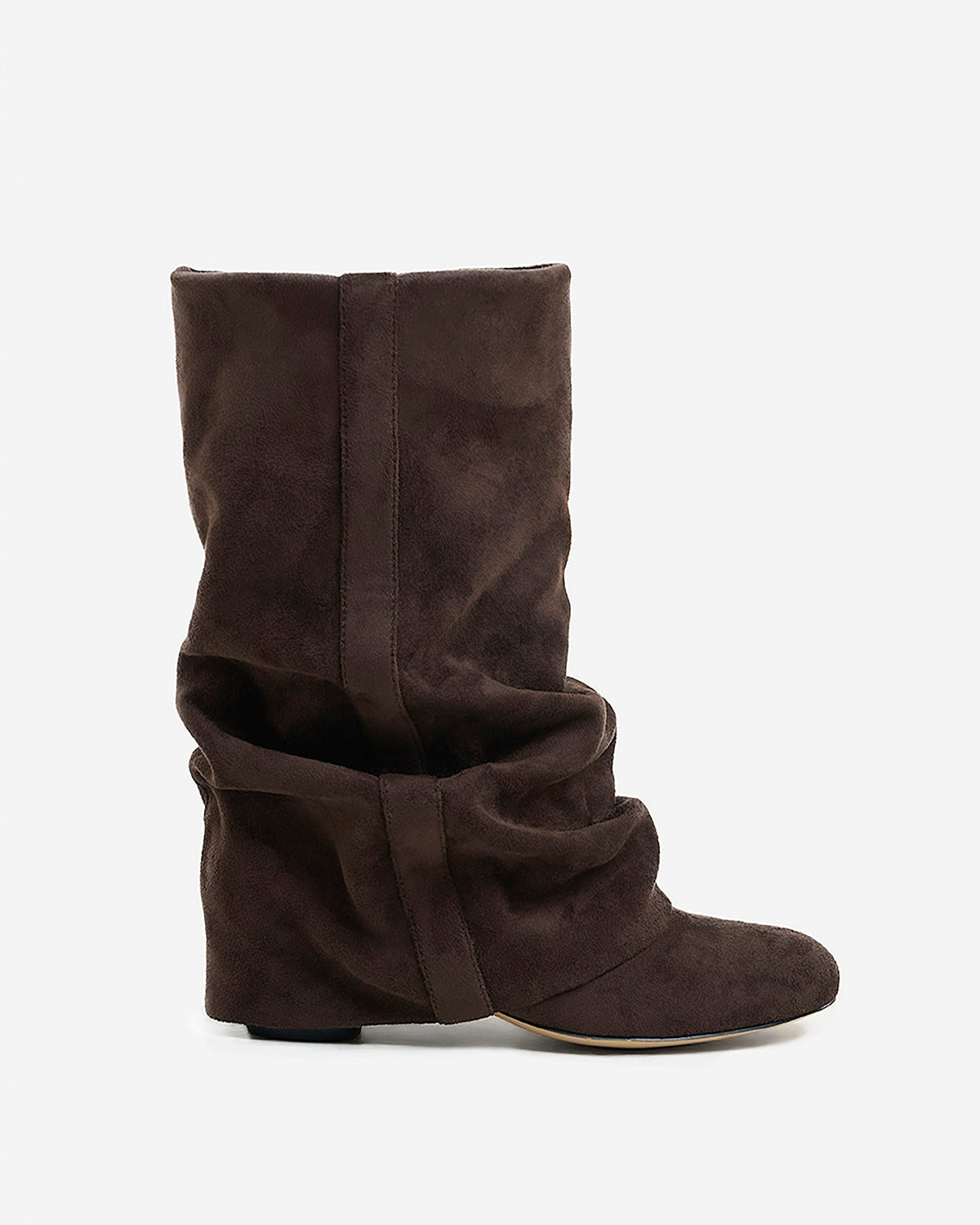 Mescini dark chocolate slouchy mid calf boots, full side view of the ruched shaft, US sizes