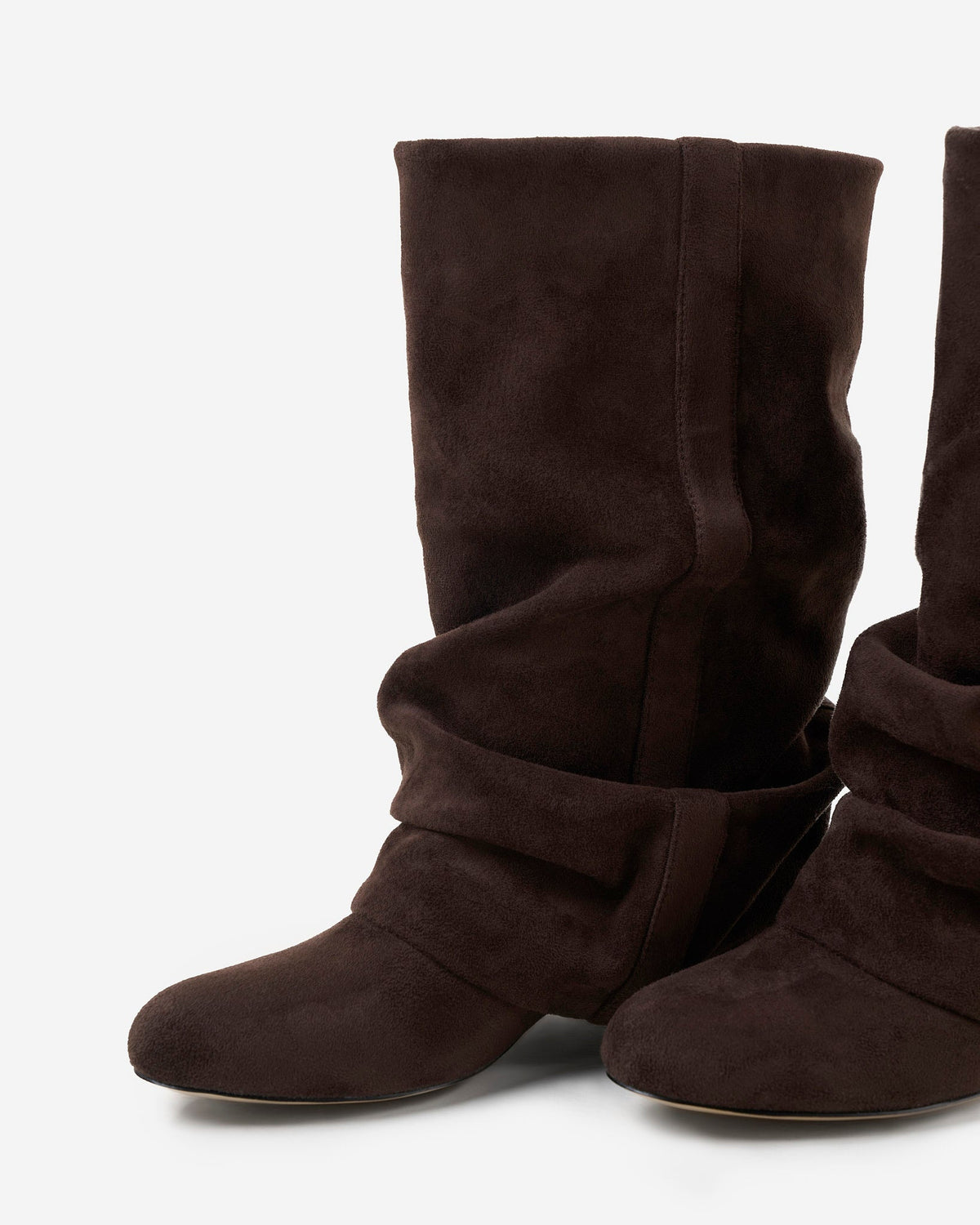 Mescini dark chocolate slouchy mid calf boots, one upright, one on its side, US sizes