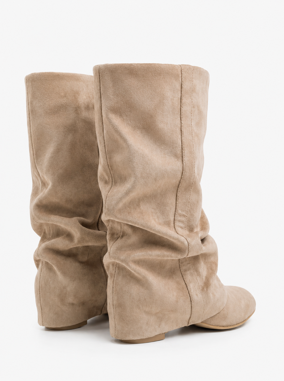 Mescini beige slouchy mid calf boots, rear view of the pair with folds, US sizes