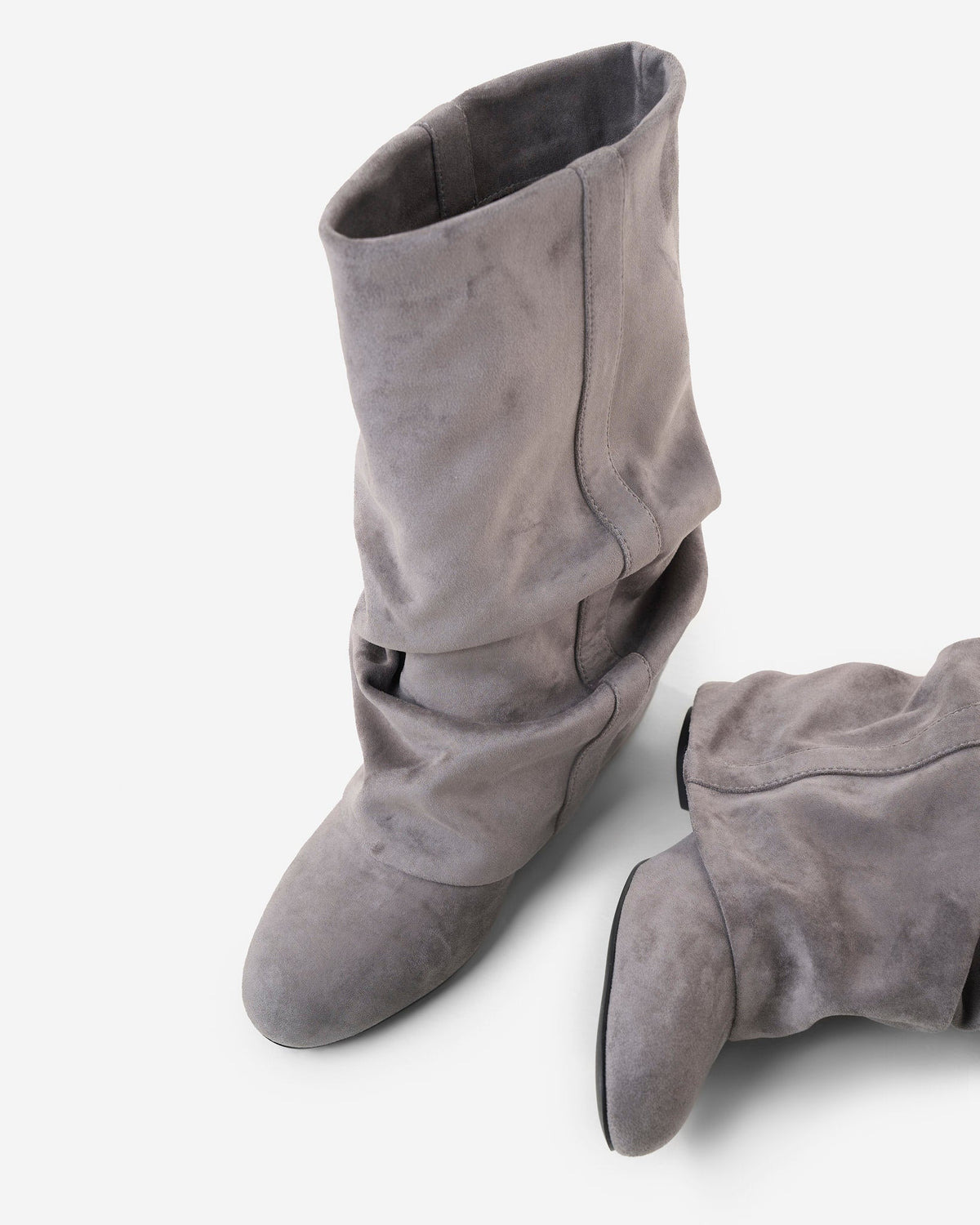 Mescini grey slouchy mid calf boots, one upright, one on its side, US size guide