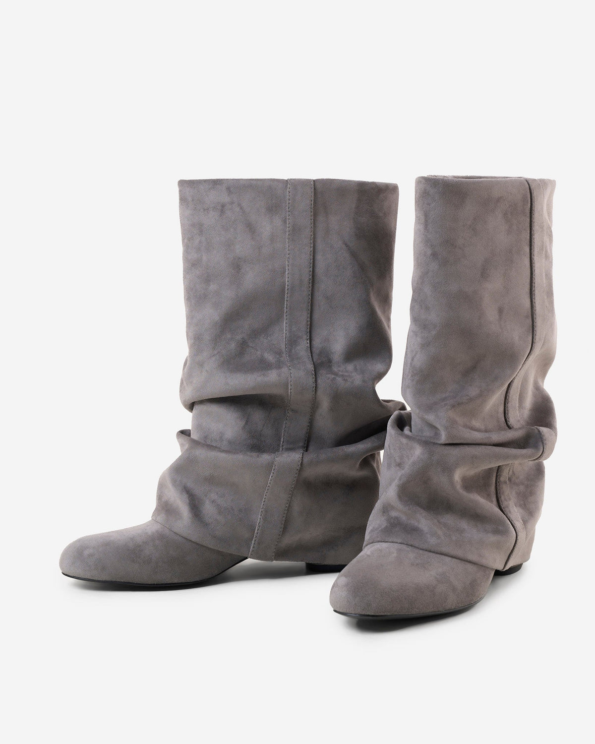 Mescini grey slouchy mid calf boots, angled pair view on a pale floor, US size guide