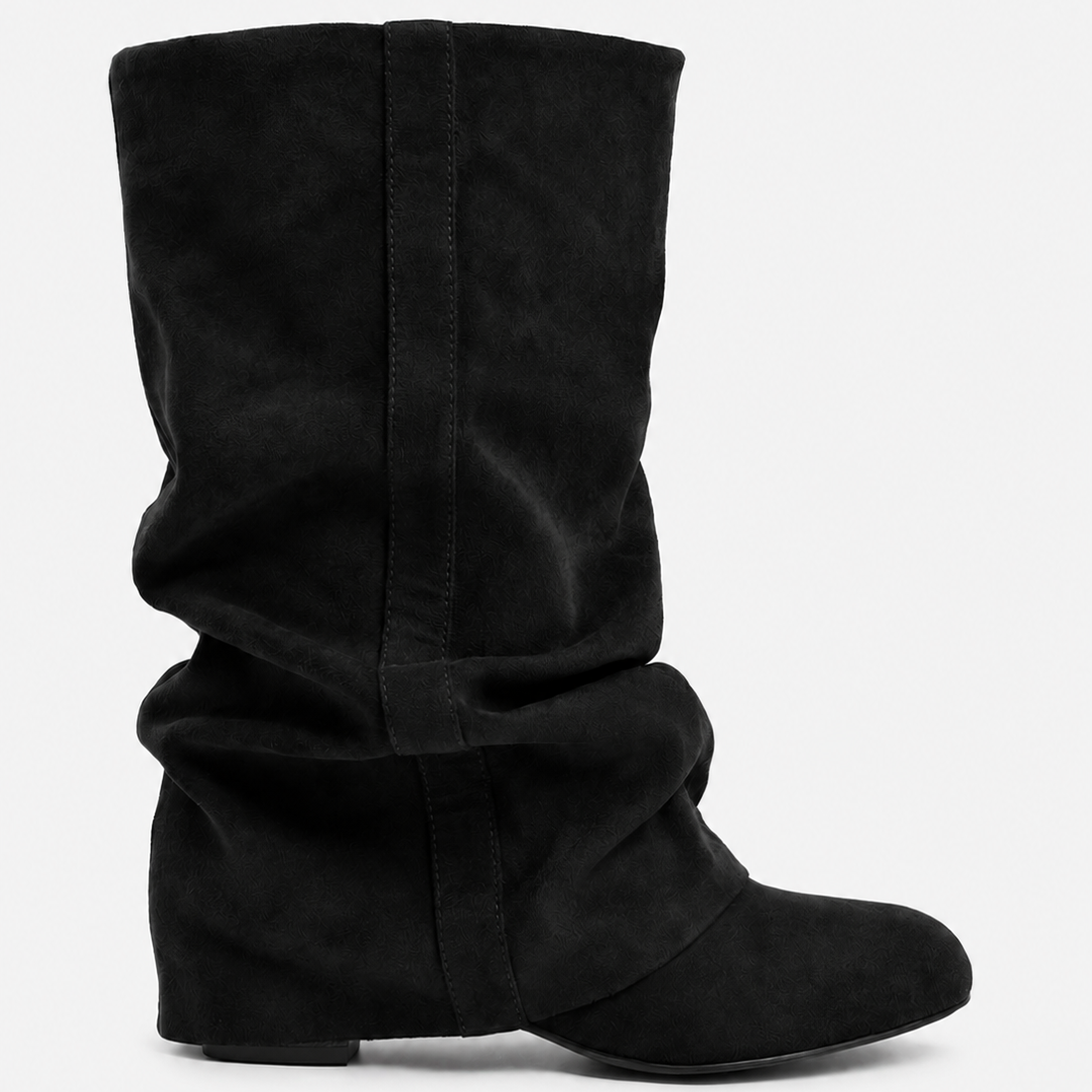 Mescini black slouchy mid calf boots, full side view of the ruched shaft, US sizes