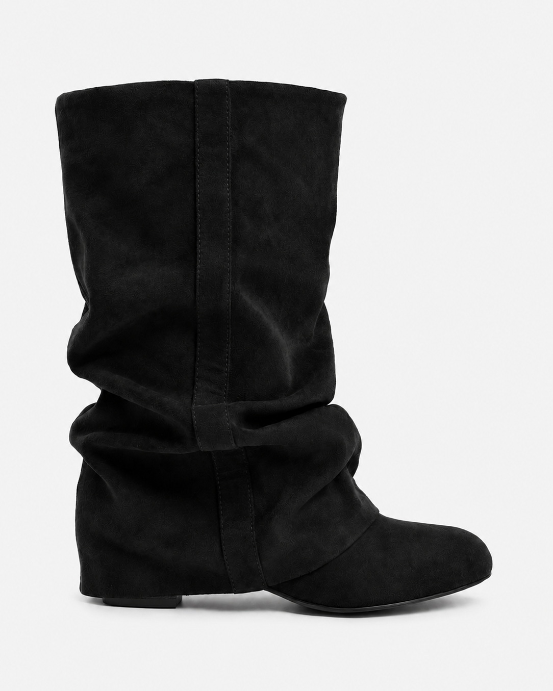 Mescini black slouchy mid calf boots, full side view of the ruched shaft, US sizes