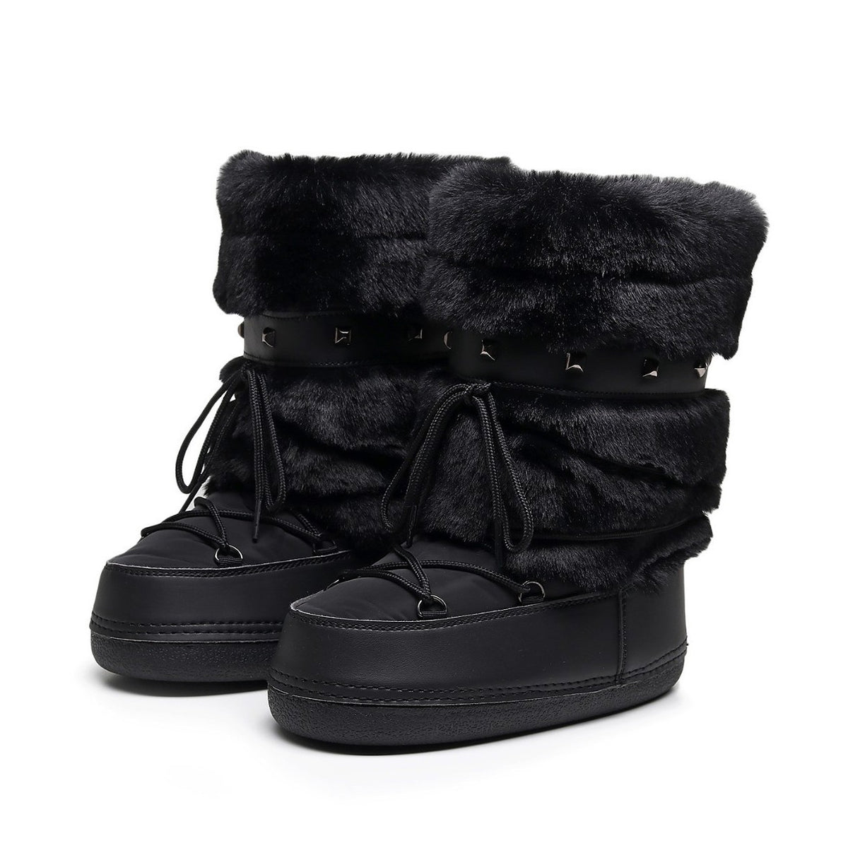 Mescini - black faux fur snow boots with studded strap, angled pair view, US women's sizes