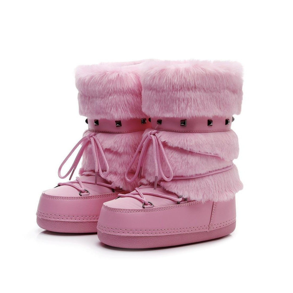 Mescini - pink faux fur platform snow boots seen as a pair from the front, US women's sizes