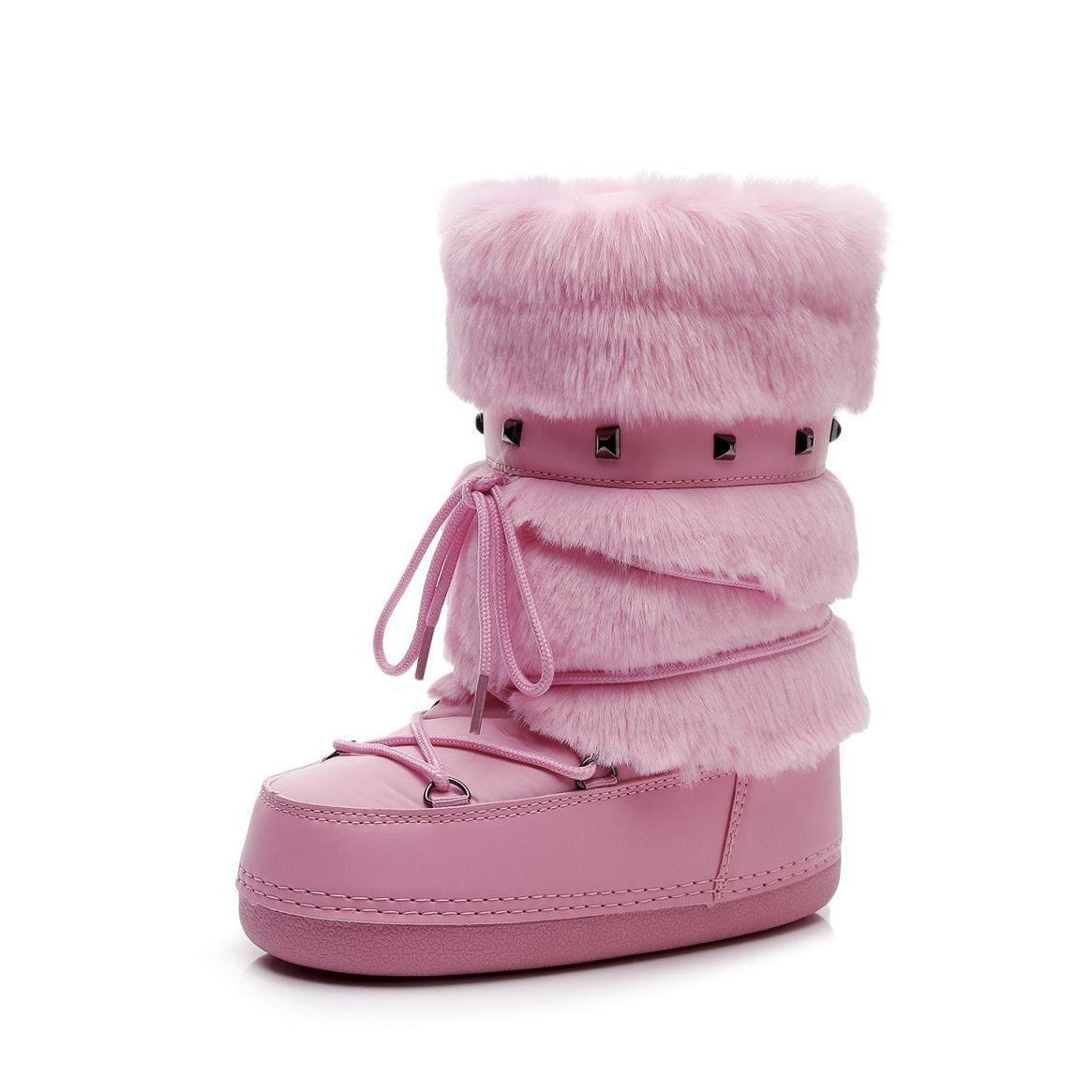 Mescini - pink faux fur snow boot with studded strap, single side view, US women's sizes