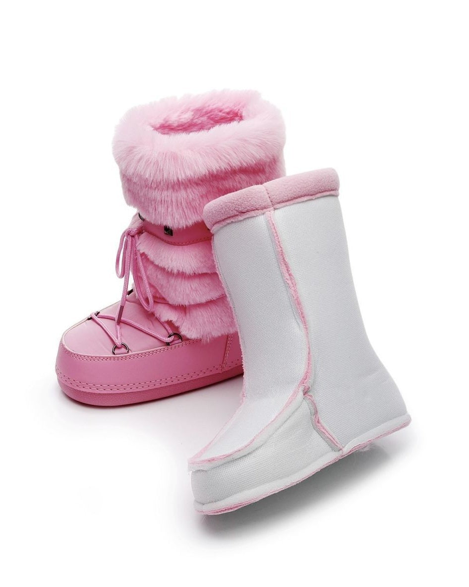 Mescini - pink snow boot beside its removable white fleece liner, US women's sizes