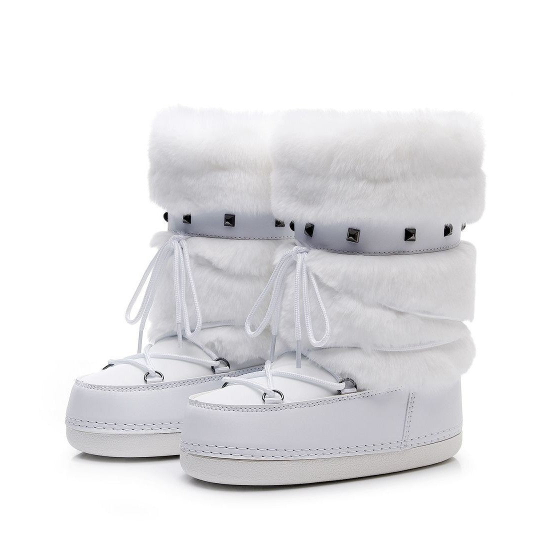 Mescini - white faux fur snow boots with studded strap, angled pair view, US women's sizes