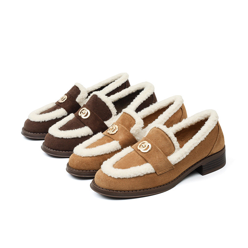 Mescini brown and khaki faux shearling trim loafers shown together as two pairs, US sizes