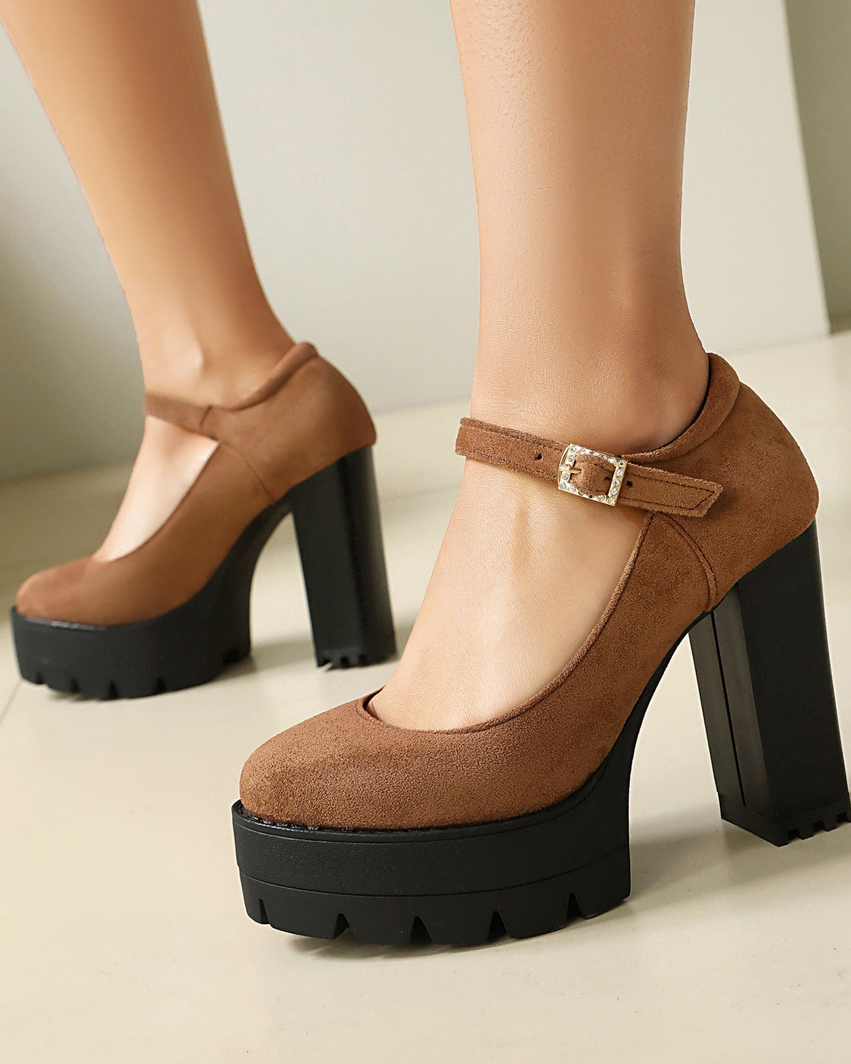 Mescini – tan platform Mary Jane block heel pumps worn, buckle detail, US women's sizes