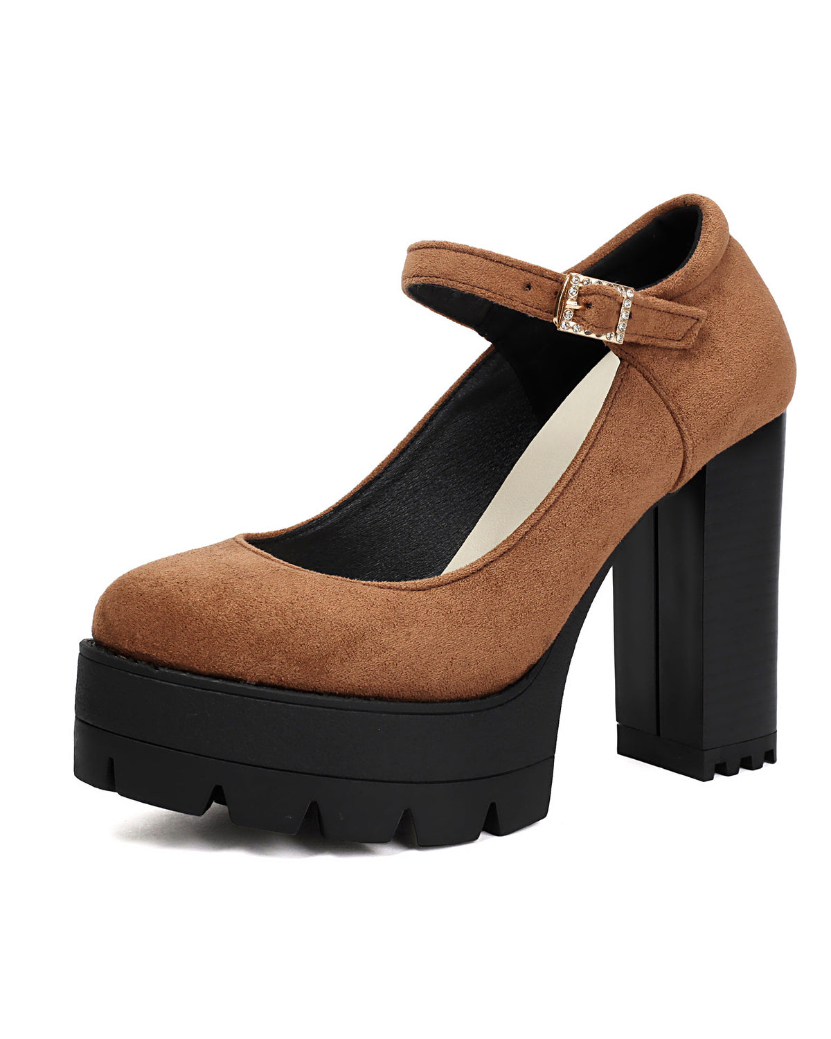 Mescini brown platform Mary Jane block heel pump, single shoe on a white ground, US women's sizes