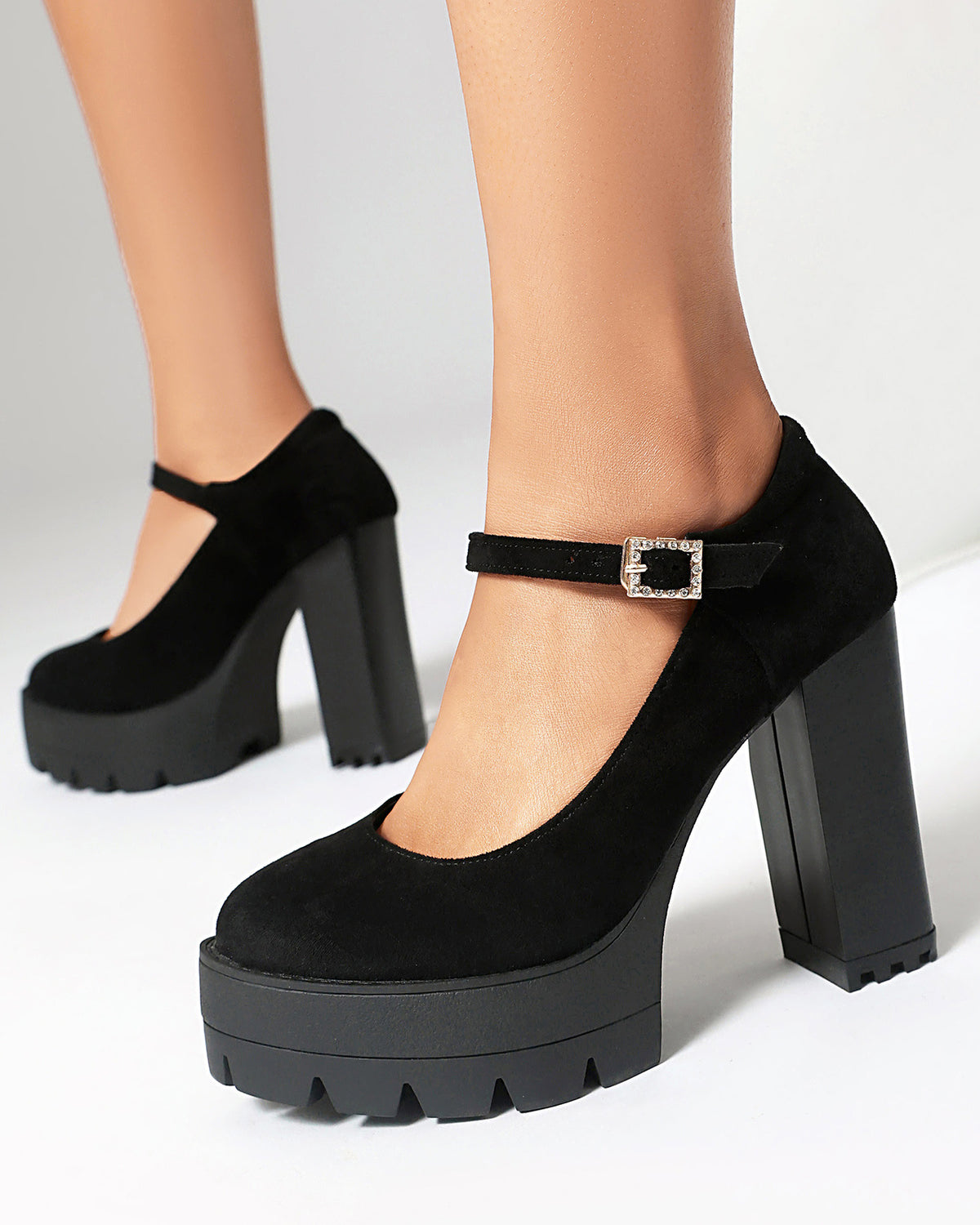 Mescini – black platform Mary Jane heels worn, chunky heel close view, US women's sizes