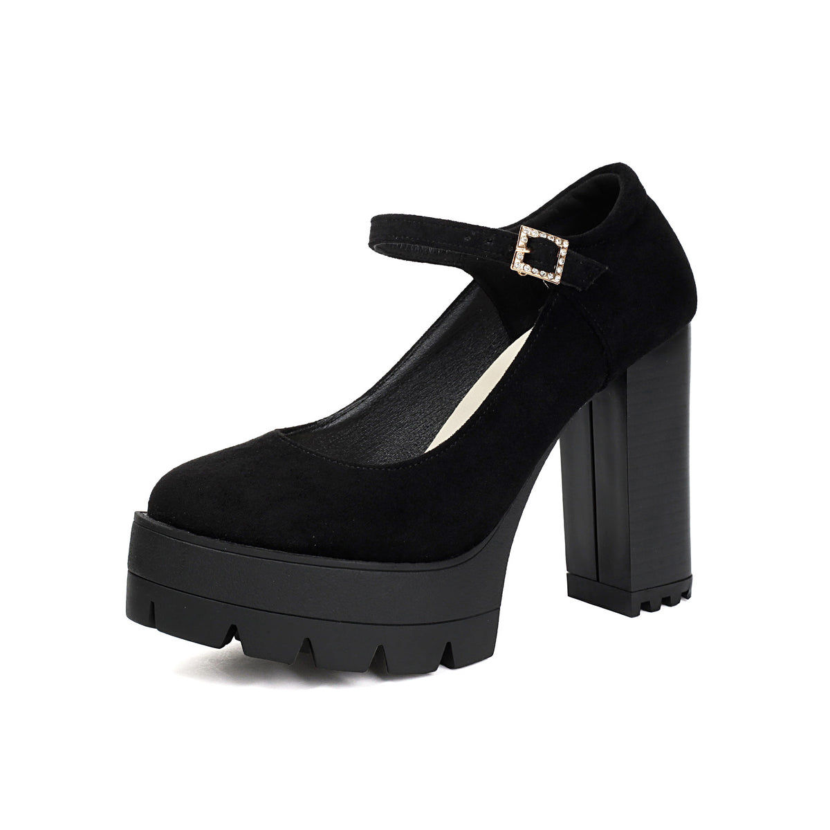 Mescini black platform Mary Jane block heel pump, single shoe with crystal buckle, US women's sizes