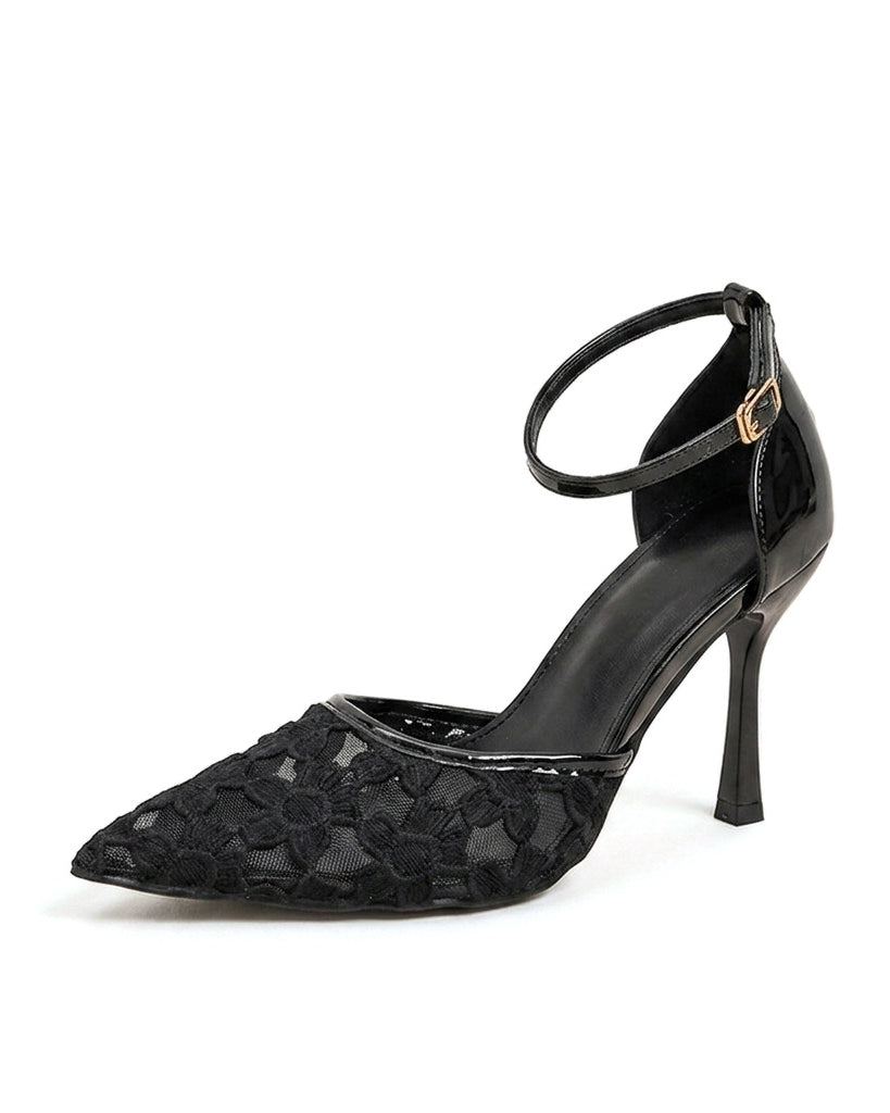 Mescini black floral mesh pump with gold buckle, three quarter studio view, US women's sizes