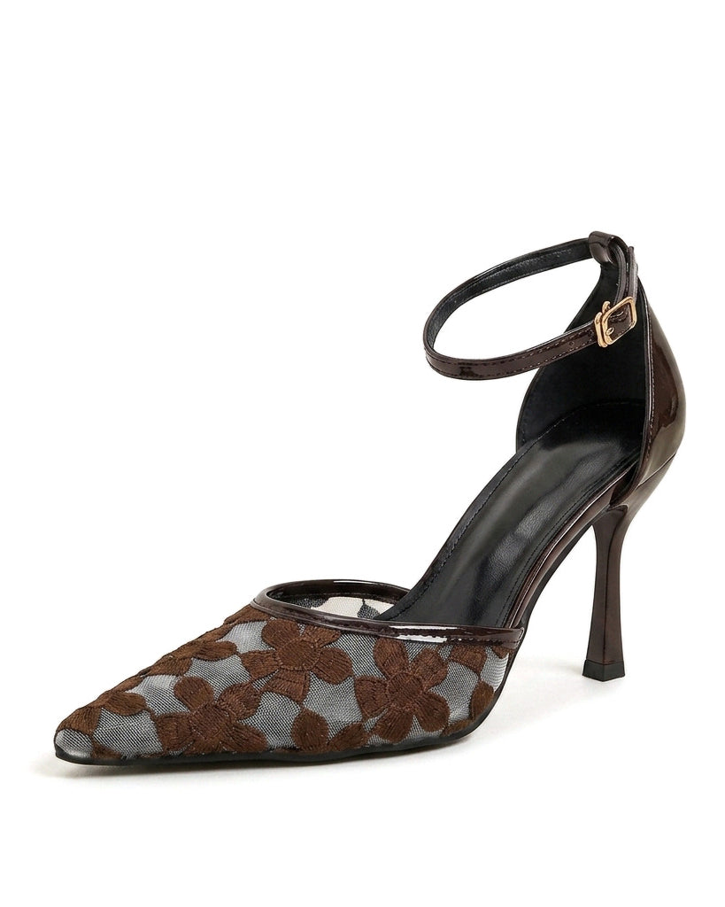 Mescini brown floral mesh pump, close three quarter view of the ankle strap, US women's sizes