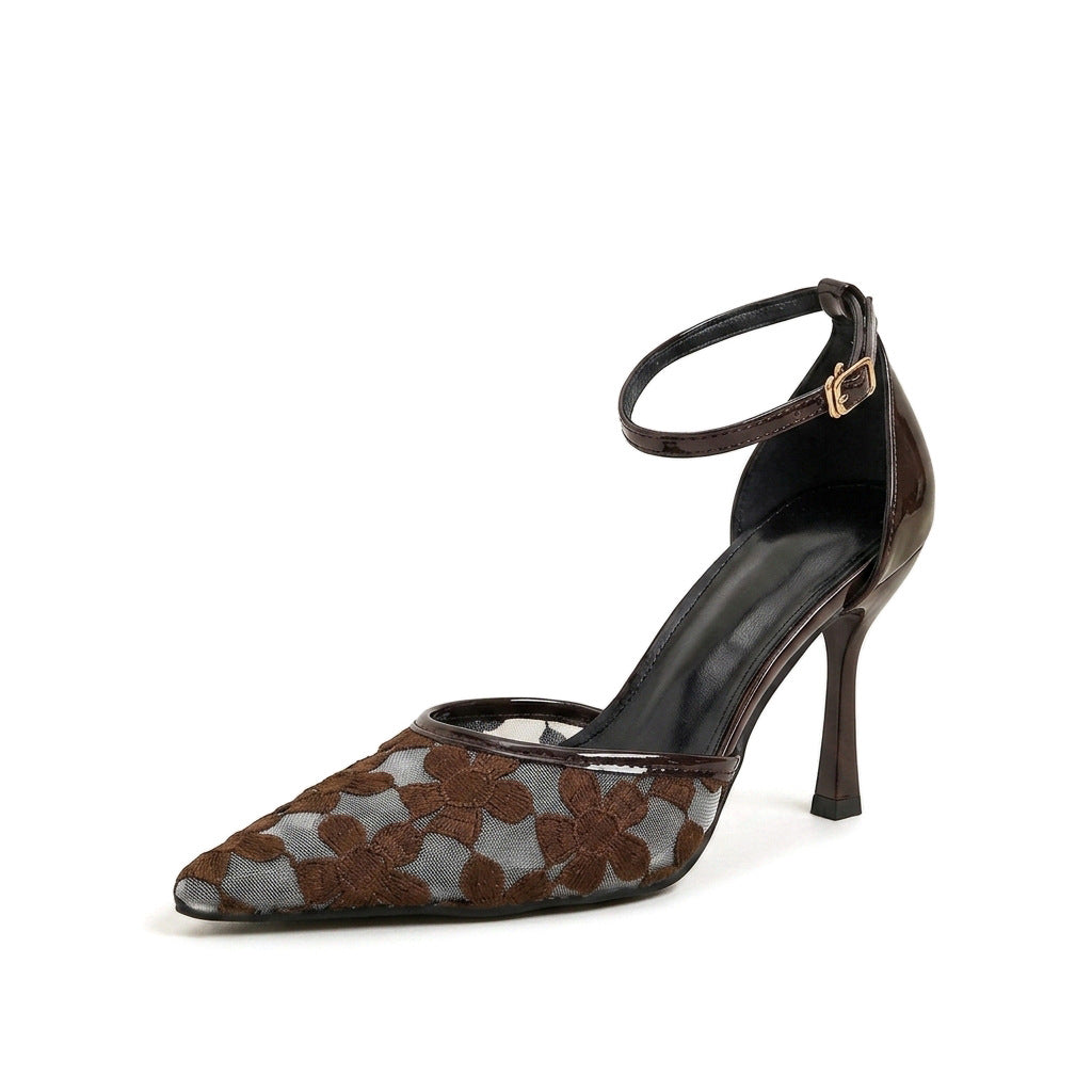 Mescini brown floral mesh pump, close three quarter view of the ankle strap, US women's sizes