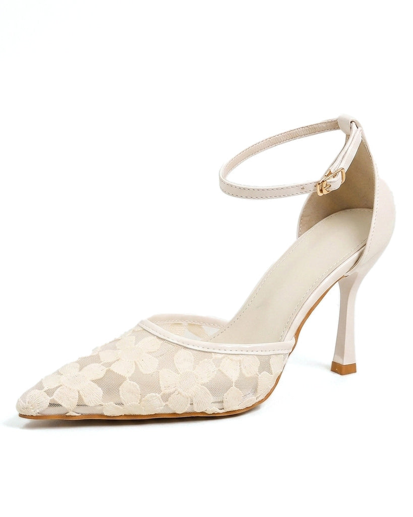 Mescini cream floral mesh pump on a flared stiletto heel, studio view, US women's sizes