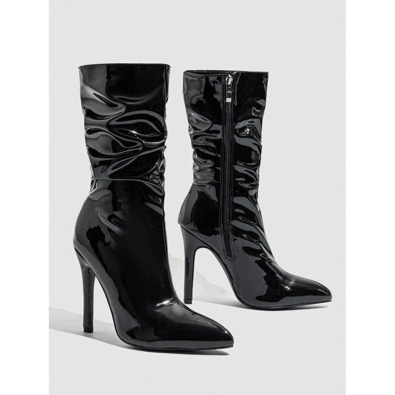Mescini - black ruched stiletto boots, studio pair seen from the side, US women's sizes