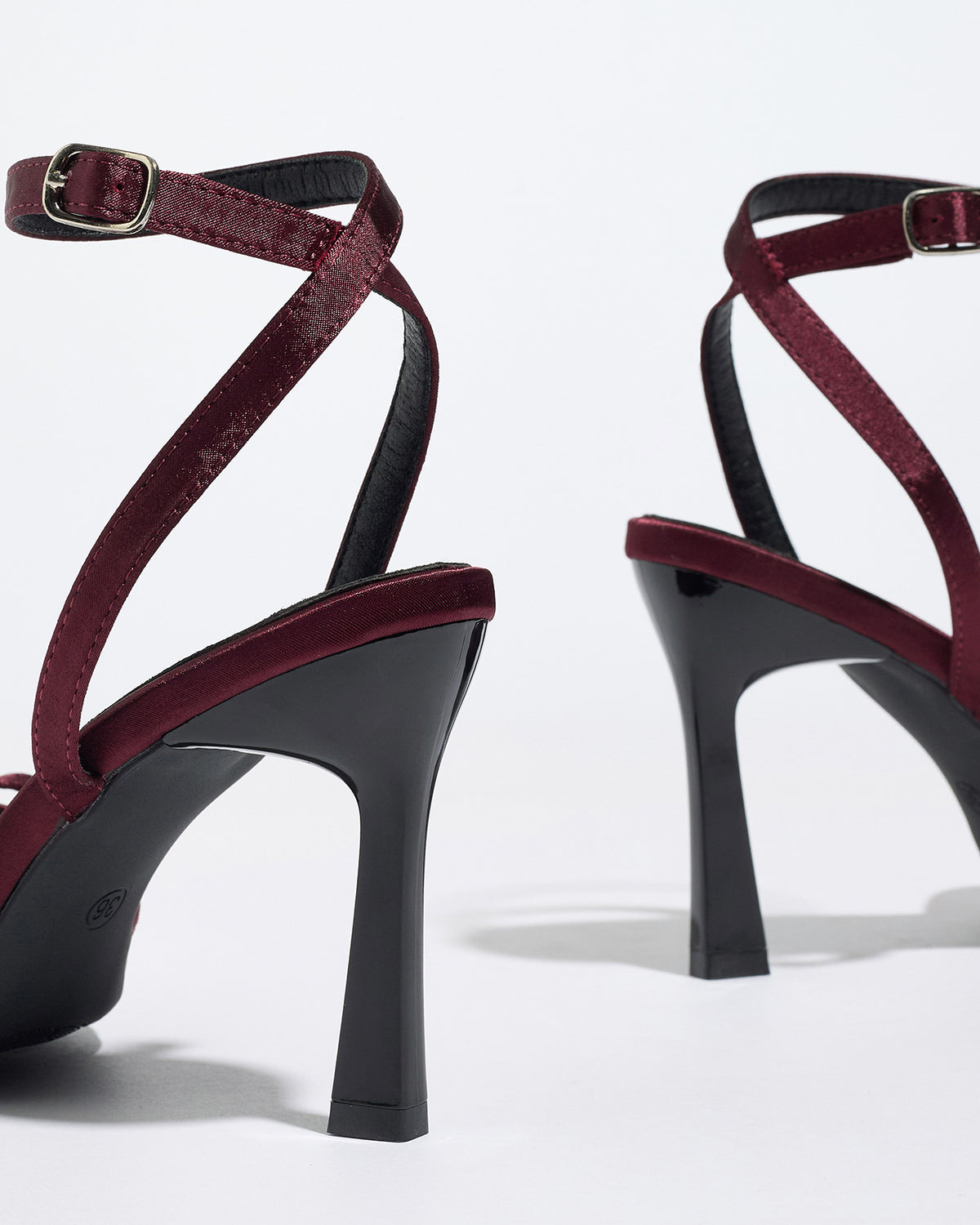 Mescini burgundy satin bow ankle strap sandals, rear view of the pair and the curved heels, US women's sizes
