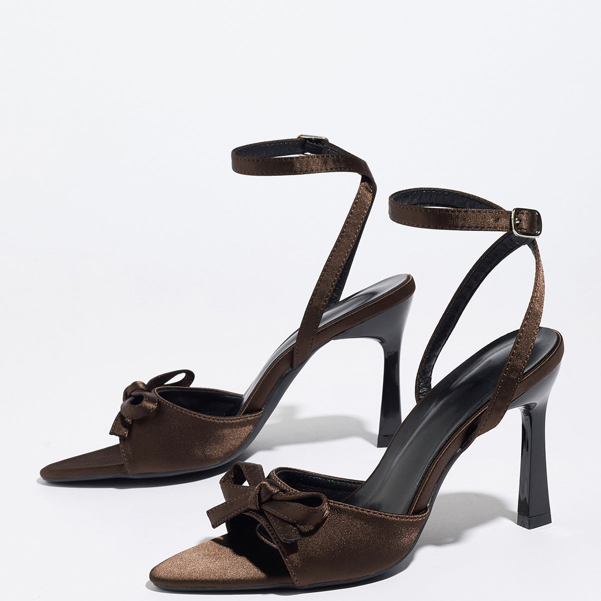 Mescini brown satin bow ankle strap sandals, angled pair against a light background, US women's sizes