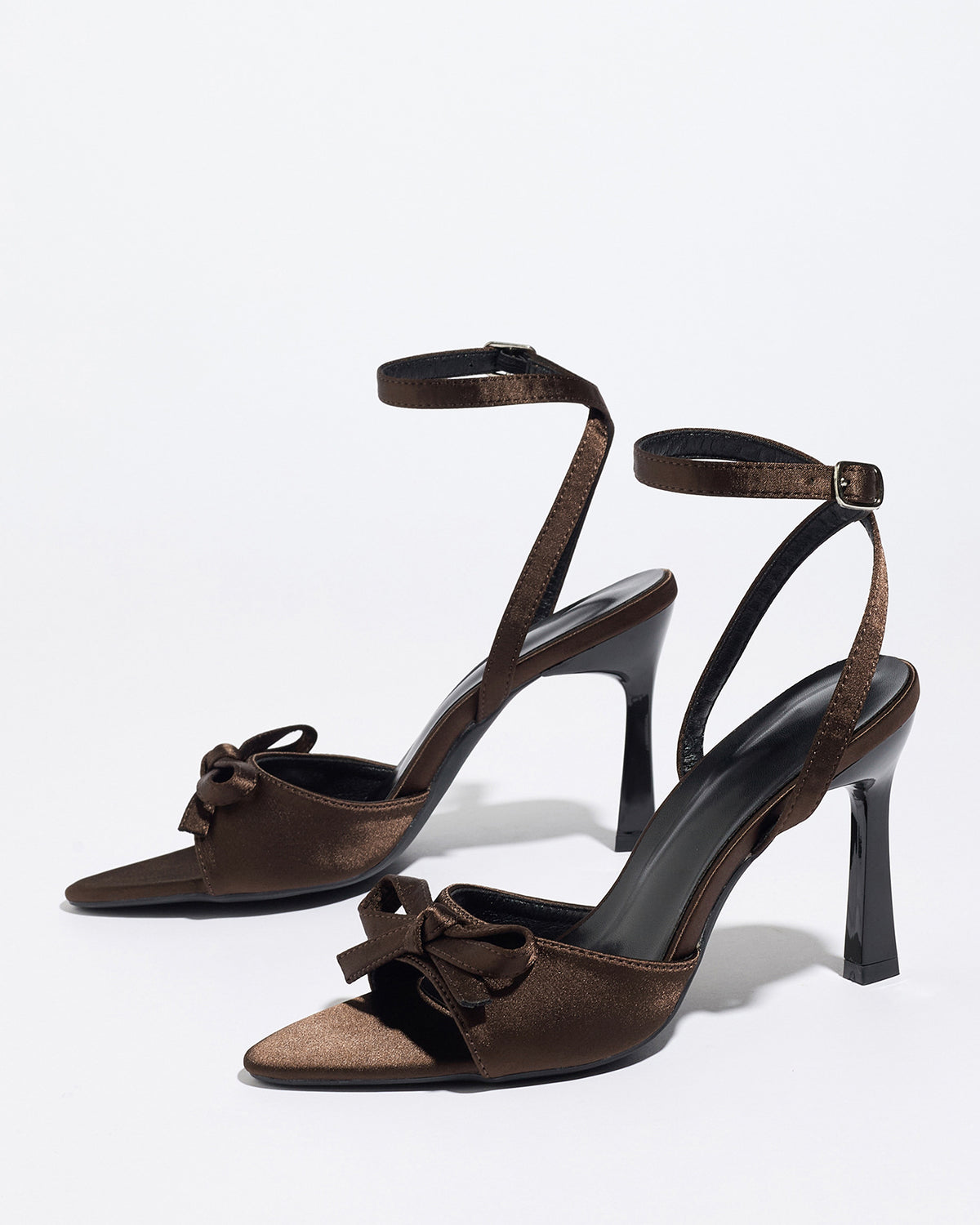 Mescini brown satin bow ankle strap sandals, angled pair against a light background, US women's sizes