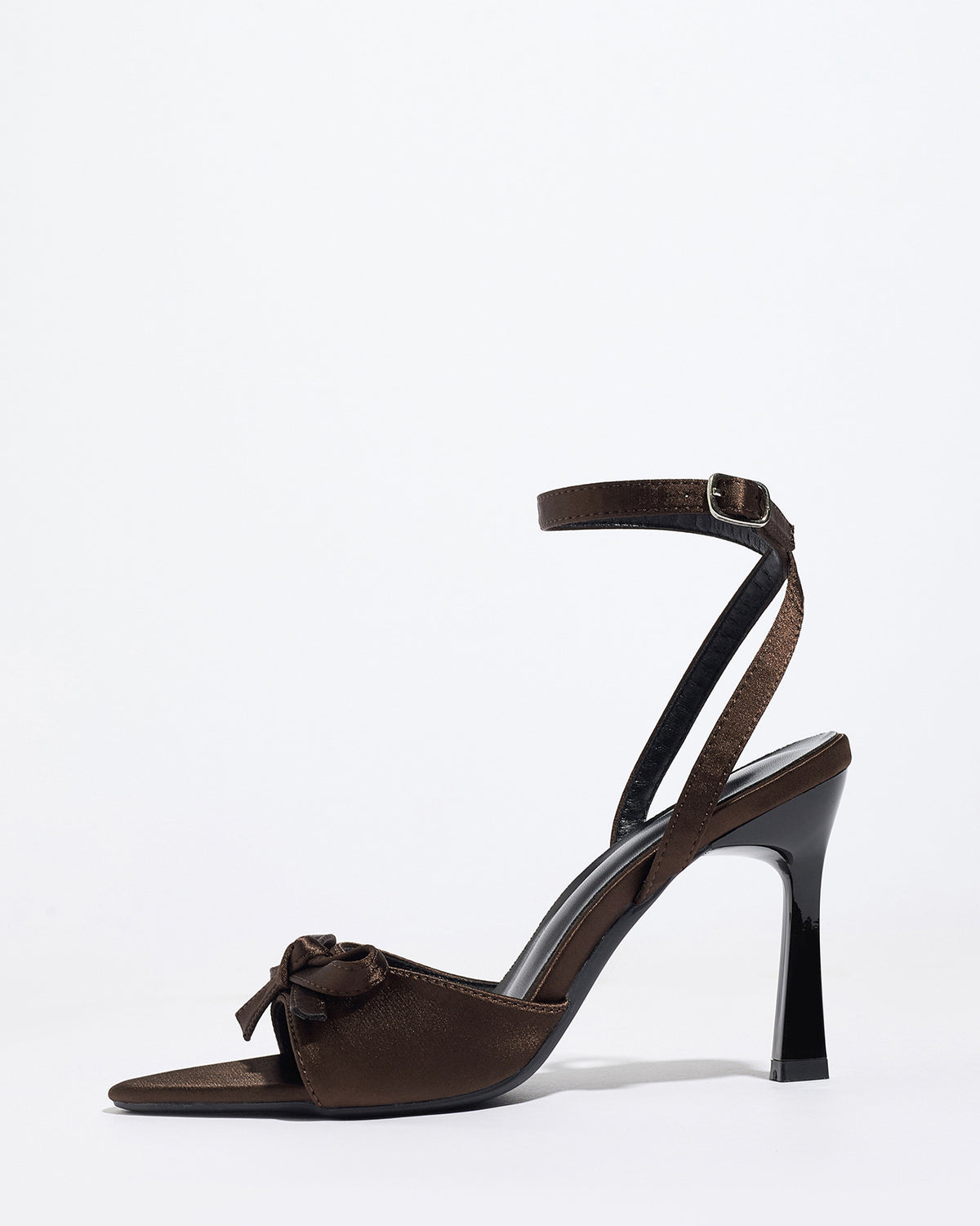 Mescini brown satin bow ankle strap sandals, single shoe turned to the side, US women's sizes