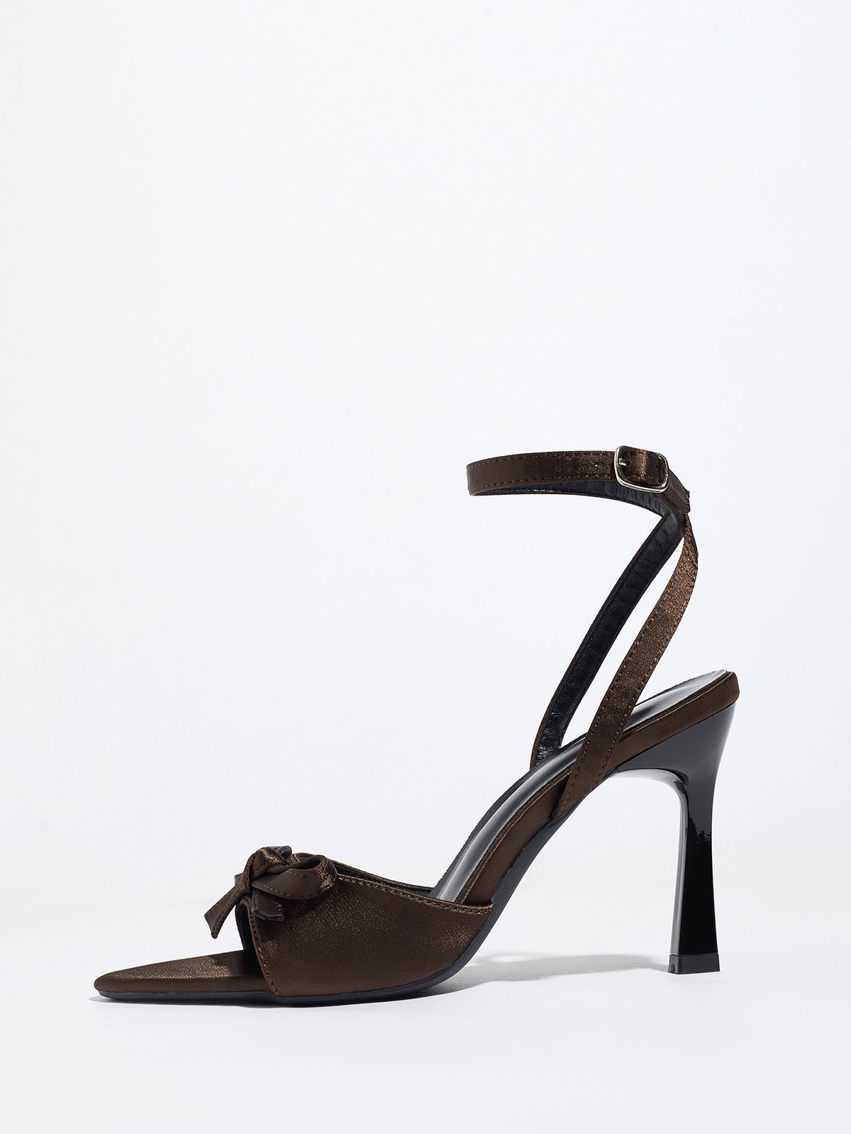 Mescini brown satin bow ankle strap sandals, single shoe turned to the side, US women's sizes