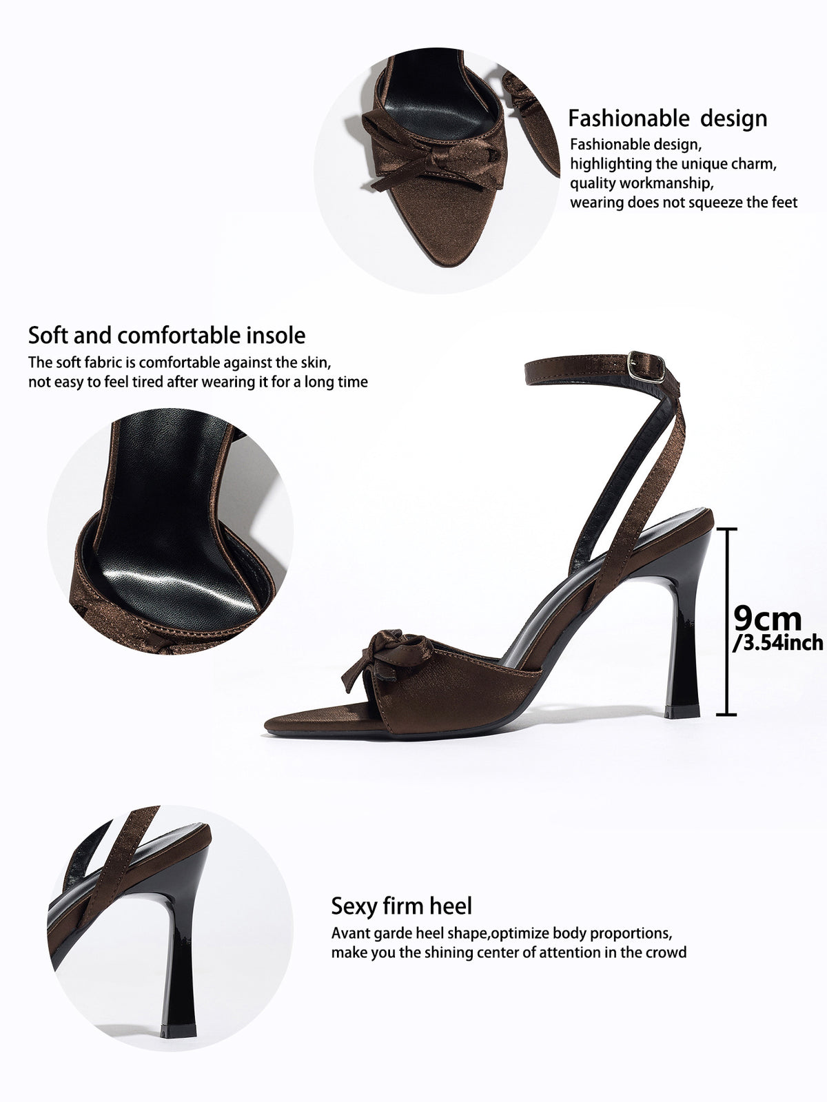 Mescini brown satin bow ankle strap sandals, feature panel with a 9 cm heel measurement, US women's sizes