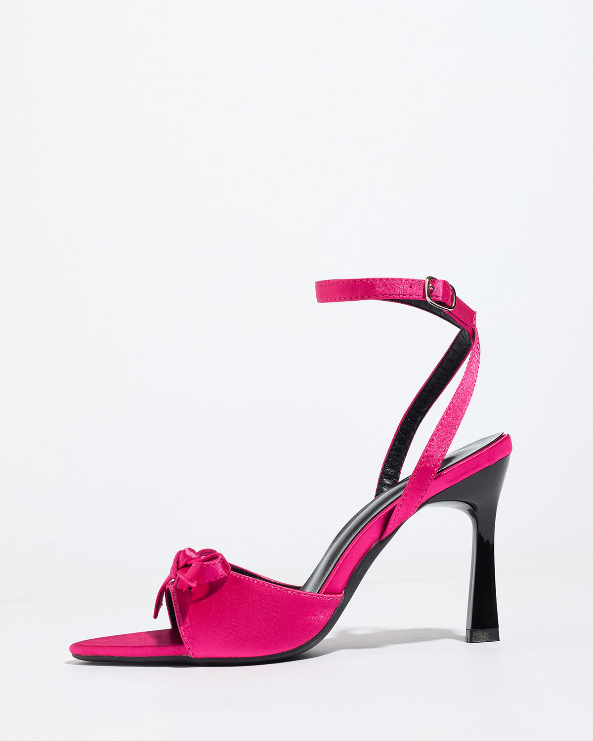 Mescini pink satin bow ankle strap sandals, single shoe in side profile with flared heel, US women's sizes