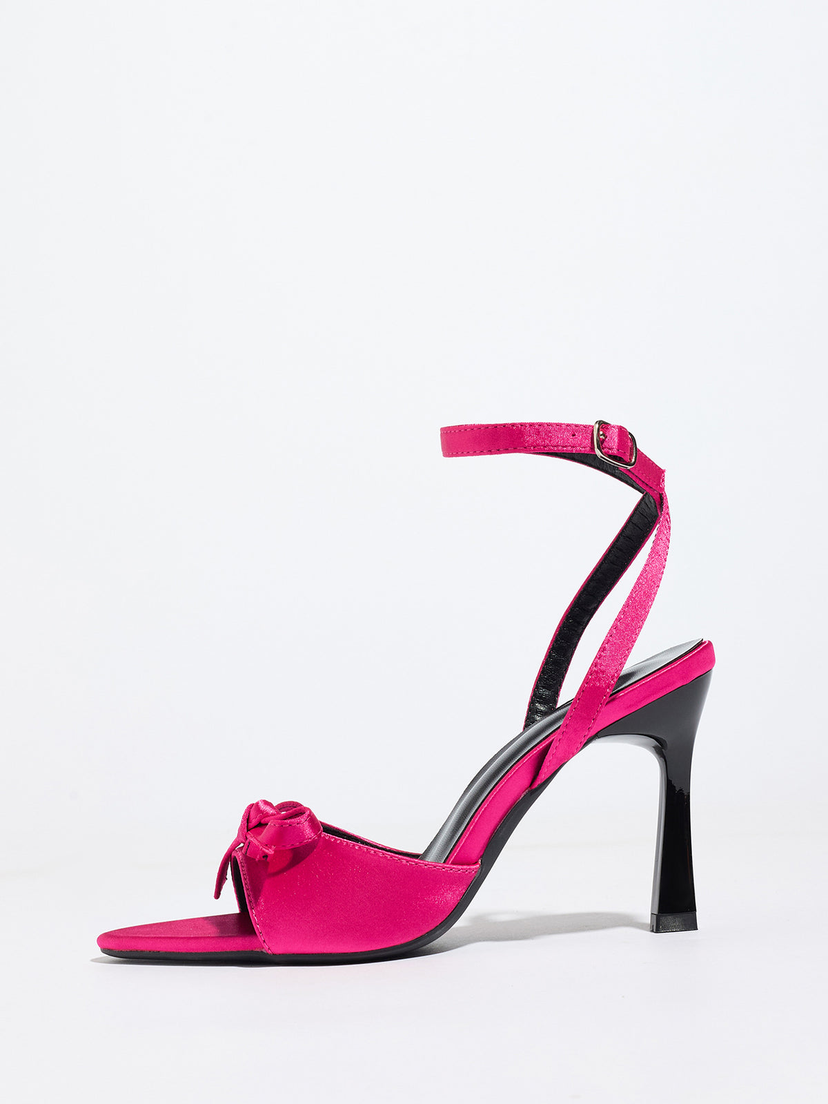 Mescini pink satin bow ankle strap sandals, single shoe in side profile with flared heel, US women's sizes