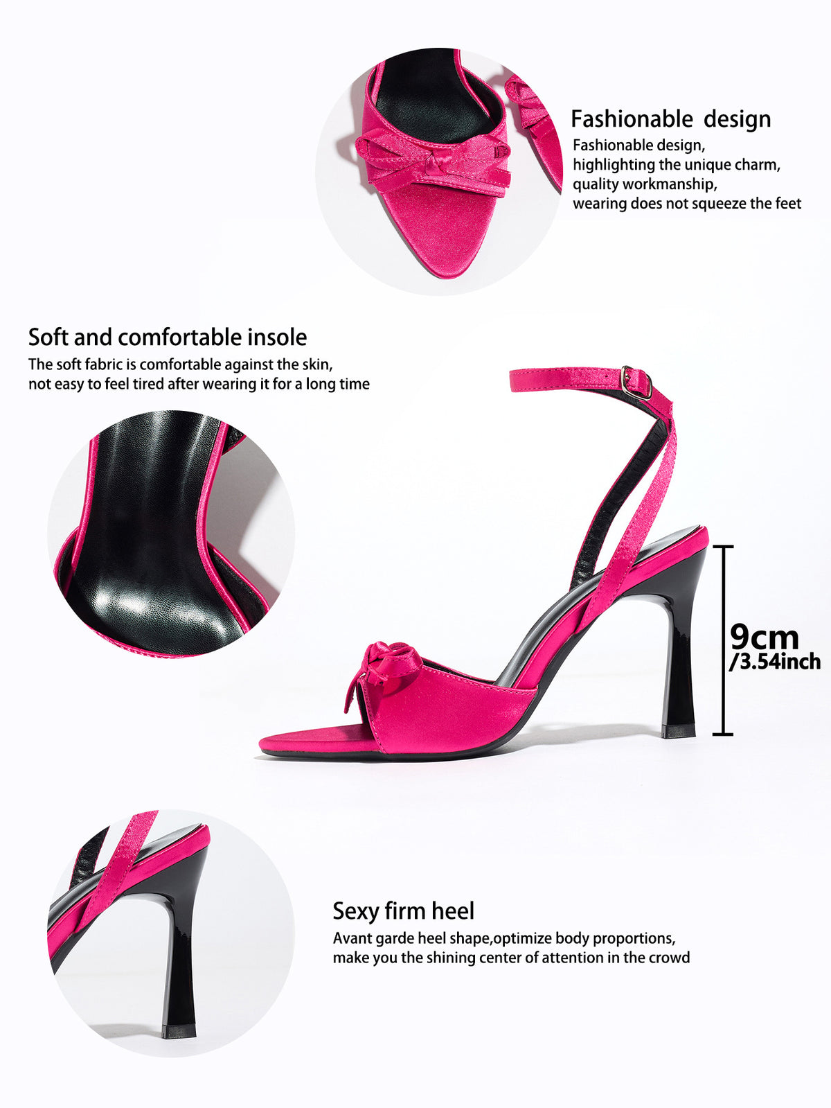 Mescini pink satin bow ankle strap sandals, feature panel with insole and 9 cm heel callouts, US women's sizes