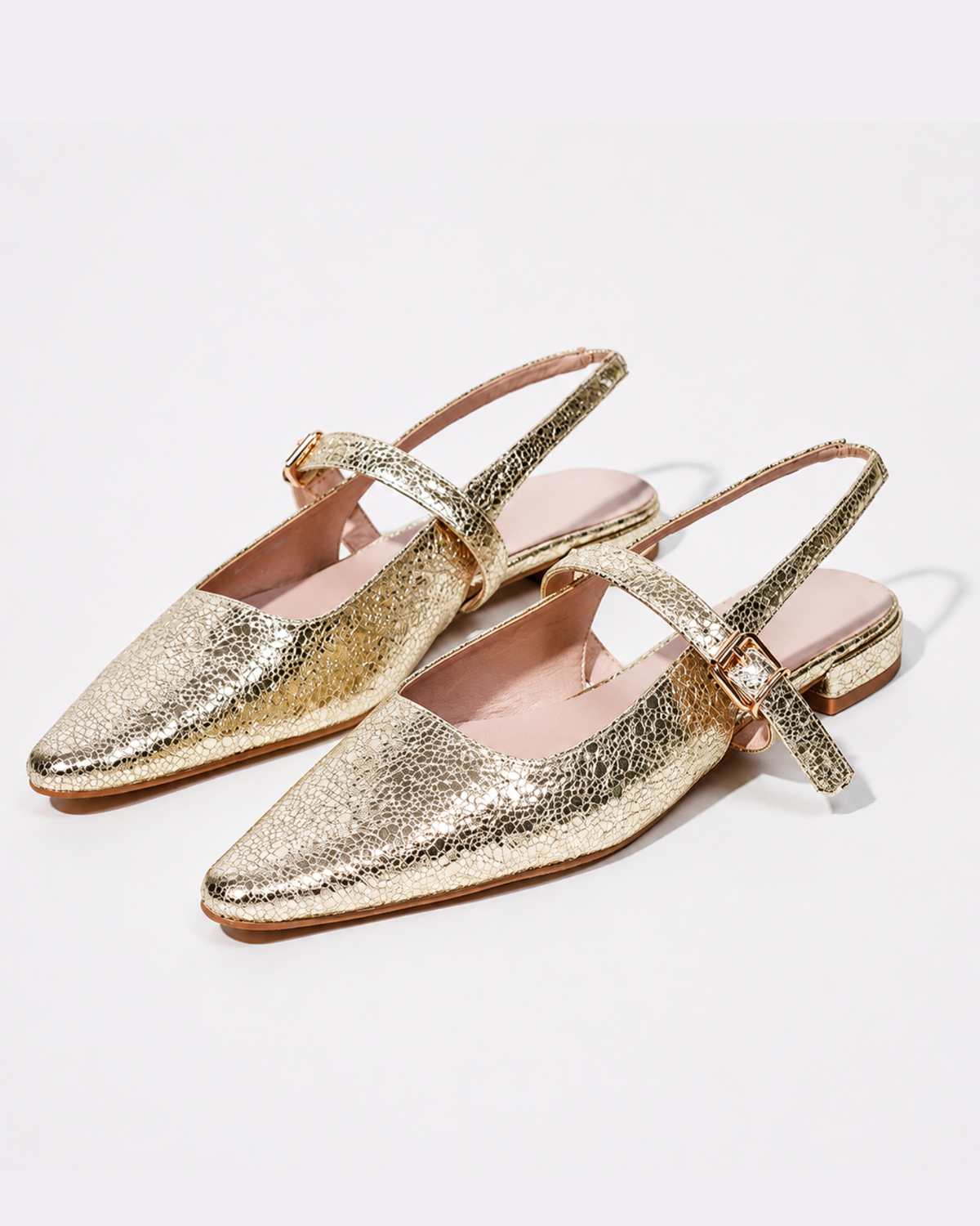 Mescini – Gold crackle mary jane slingbacks, angled studio pair with pink lining, US women's sizes