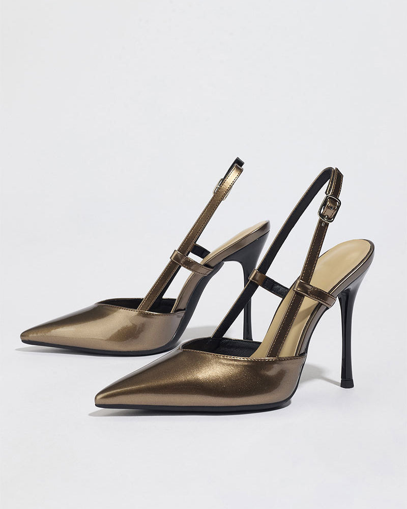 Mescini bronze metallic pointed toe slingback heels, angled pair on white, US women's sizes